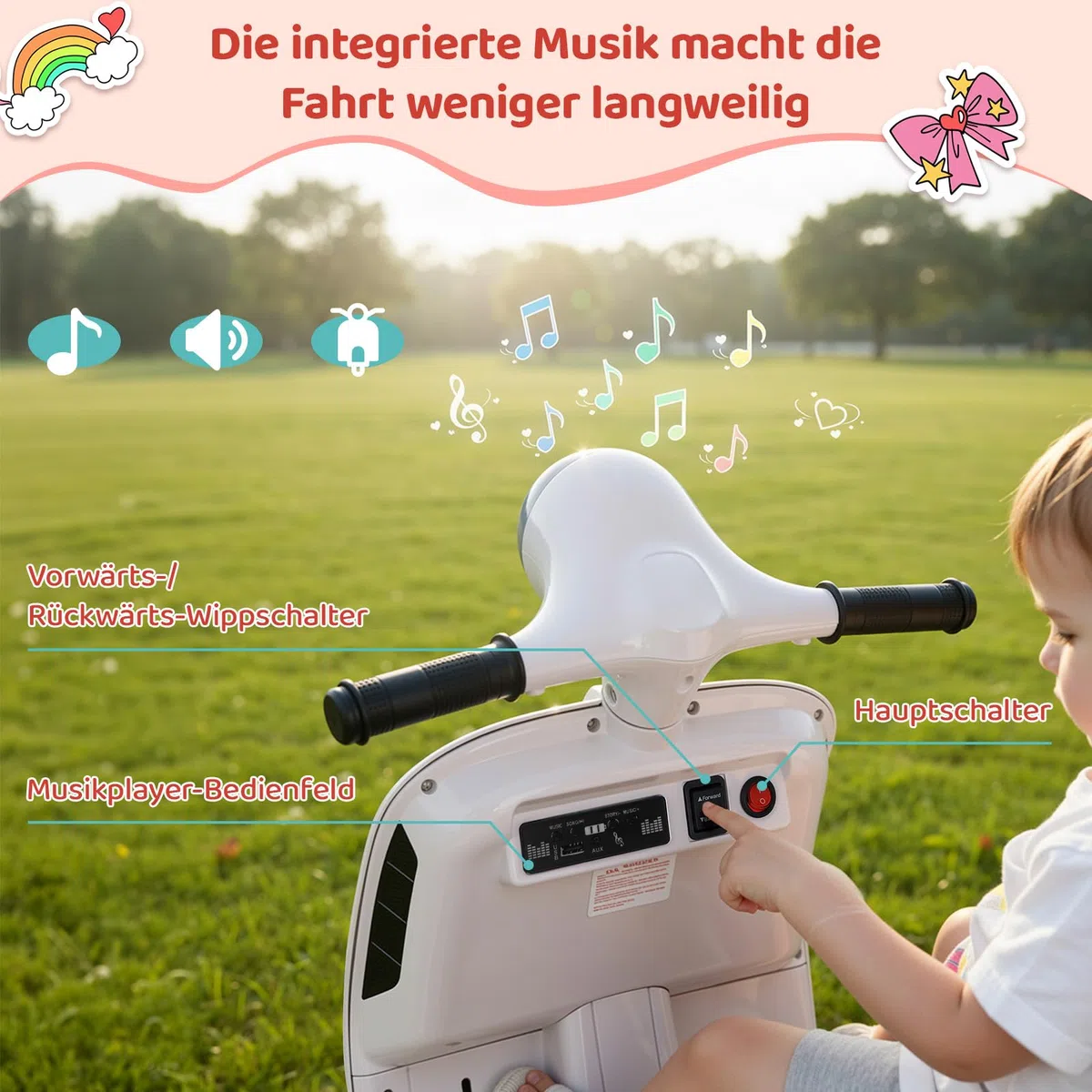 MAMIZO Moto Elettrica per Bambini 6V, Moto Giocattolo Cavalcabile a 3 ruote, Avanti e Indietro, con schienale, Fari, USB, Pedali, Musica, 72x56x37 cm, 2 km/h, max 20 kg, per bambini 3-6 anni, Bianco