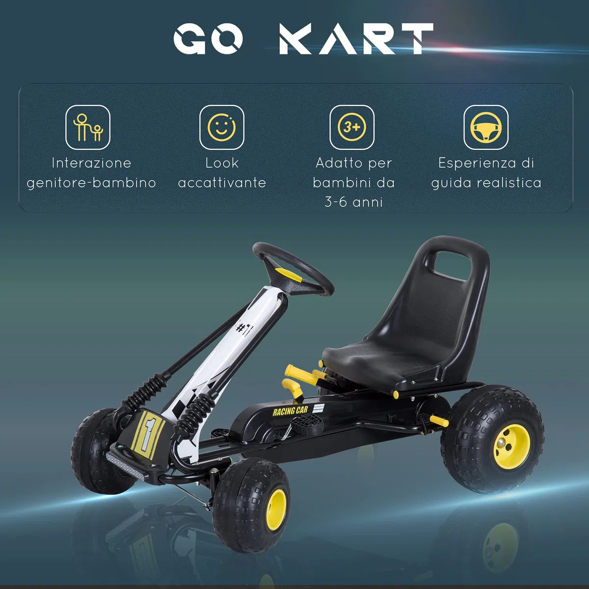 HOMCOM Go-Kart a Pedali per Bambini con Sedile Regolabile, Freno e Frizione, 95x66.5x57cm, Bianco Nero