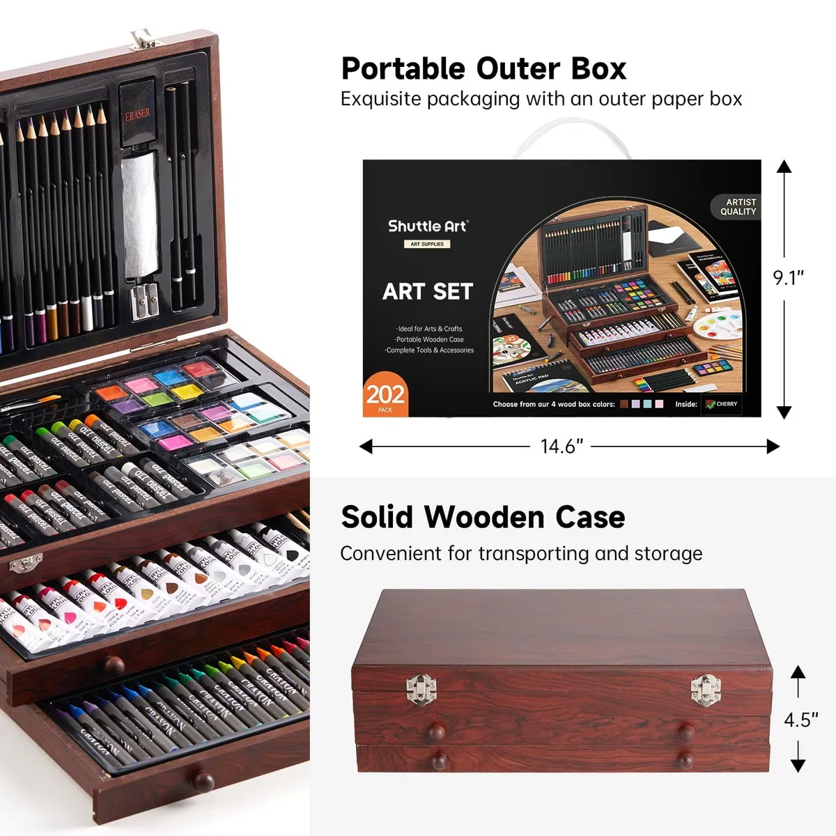 Shuttle Art Kit artistico deluxe da 202 pezzi in legno con blocchi da disegno, tele, fogli da colorare, colori acrilici, pastelli e matite colorate