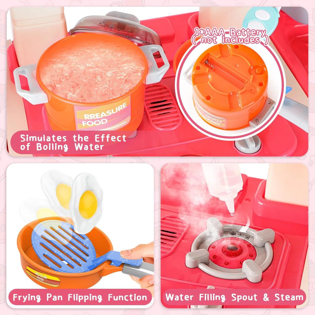 deAO Cucina Giocattolo per Bambini, Gioco di Ruolo da Cucina in Miniatura con Luce Suono Acqua Vapore e Accessori da Cucina, Cucina Studio con Frigorifero Lavastoviglie Fornello Lavello Forno Cibo
