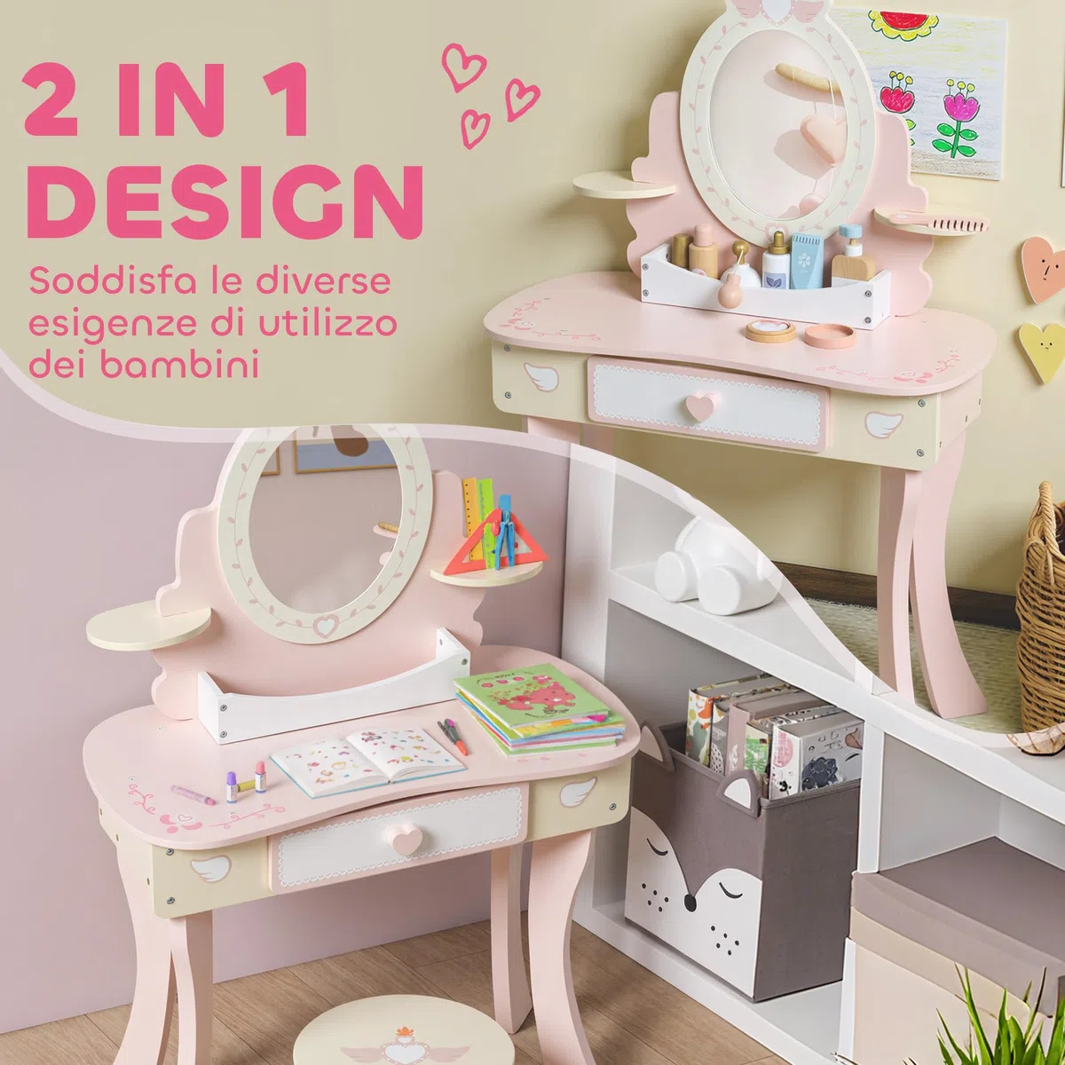 AIYAPLAY Set Toeletta con Specchio e Sgabello in Legno per Bambini, Tavolo da Trucco 2 in 1 Convertibile in Scrivania, 7 Accessori Inclusi, Rosa