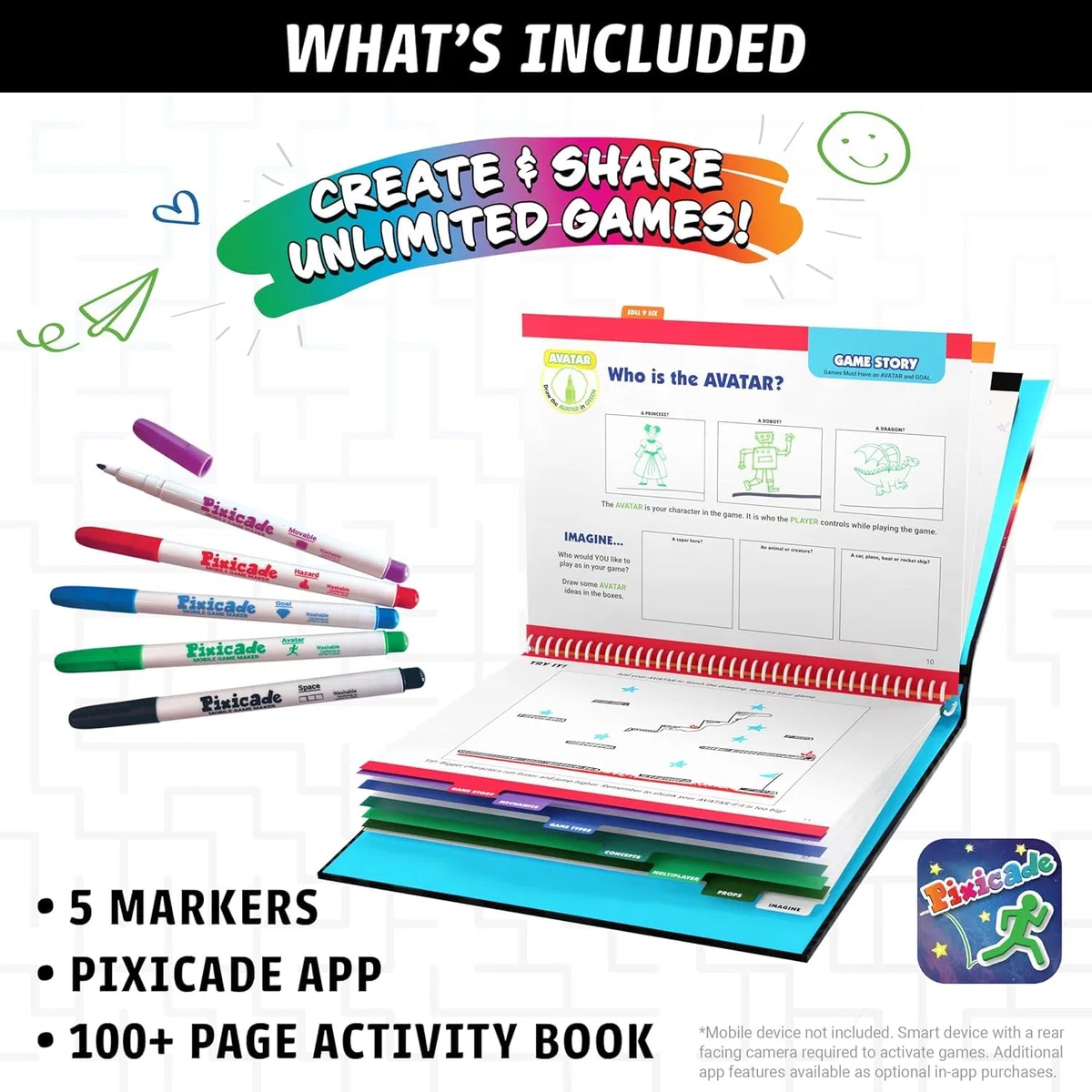 Abacus Brands Pixicade - Giocattoli creativi fai da te dai 6 anni in su. Crea i tuoi videogiochi con 5 pennarelli e 108 pagine, disegno, scansione e gioca