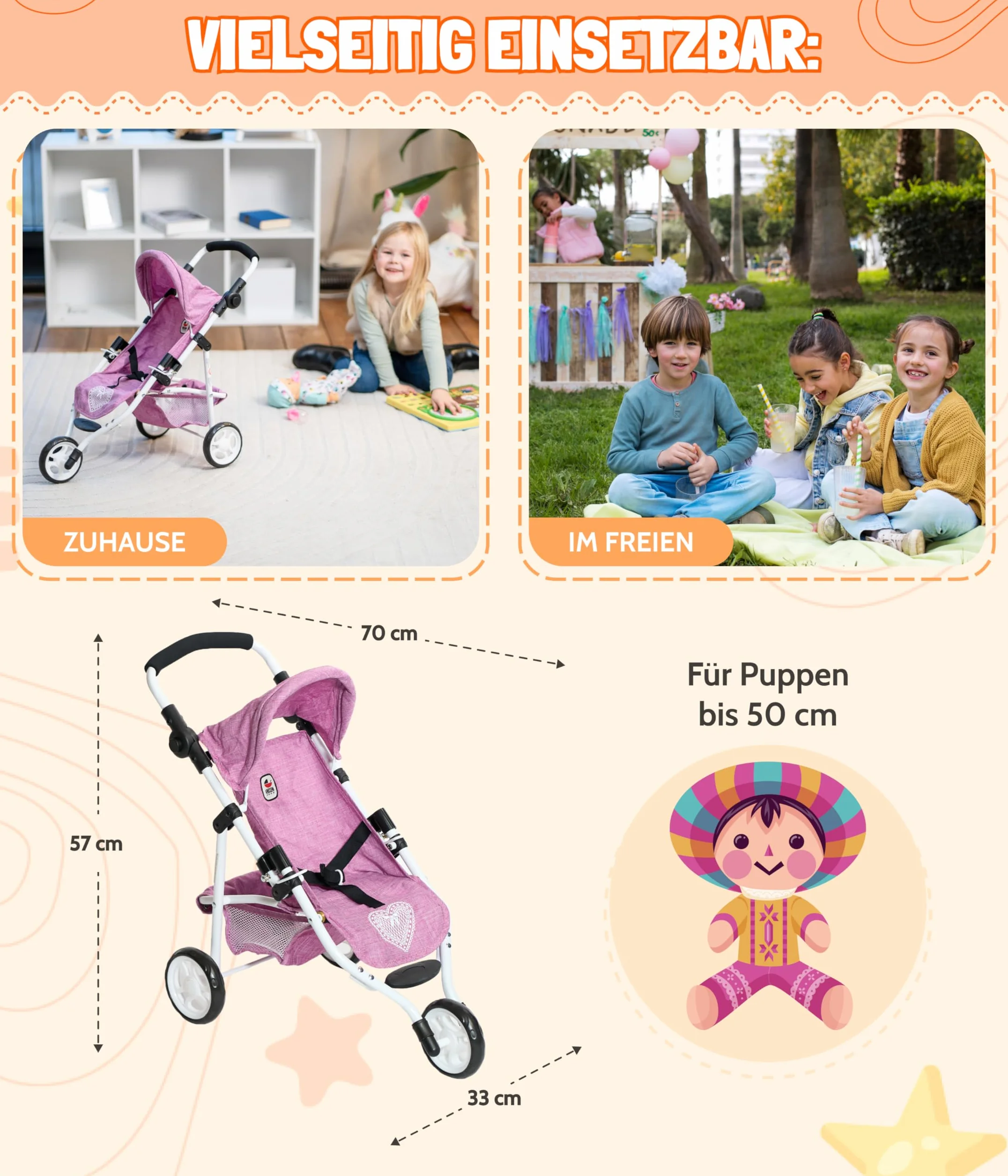 Bayer Chic 2000 - Passeggino per bambole, Lola, jogging, jogger, passeggino per bambole, passeggino per bambole, jeans grigio, 70 x 33 x 62 cm