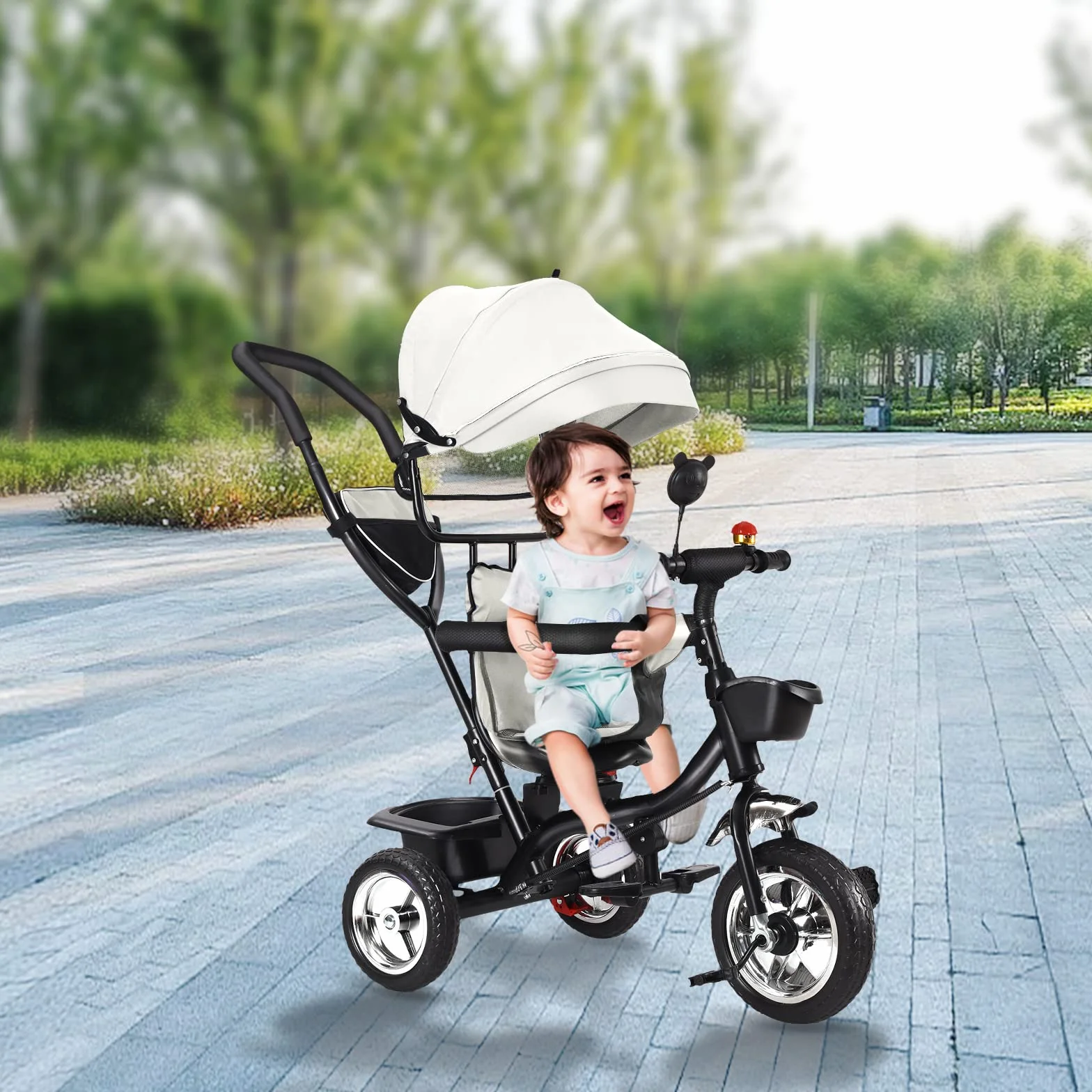 Triciclo Evolutivo per Bambini, Draisienne Evolutivo per Bambini con Barra di Spinta, Passeggino Bicicletta per Bambini, Bicicletta per Bambini con Parasole (Grigio)