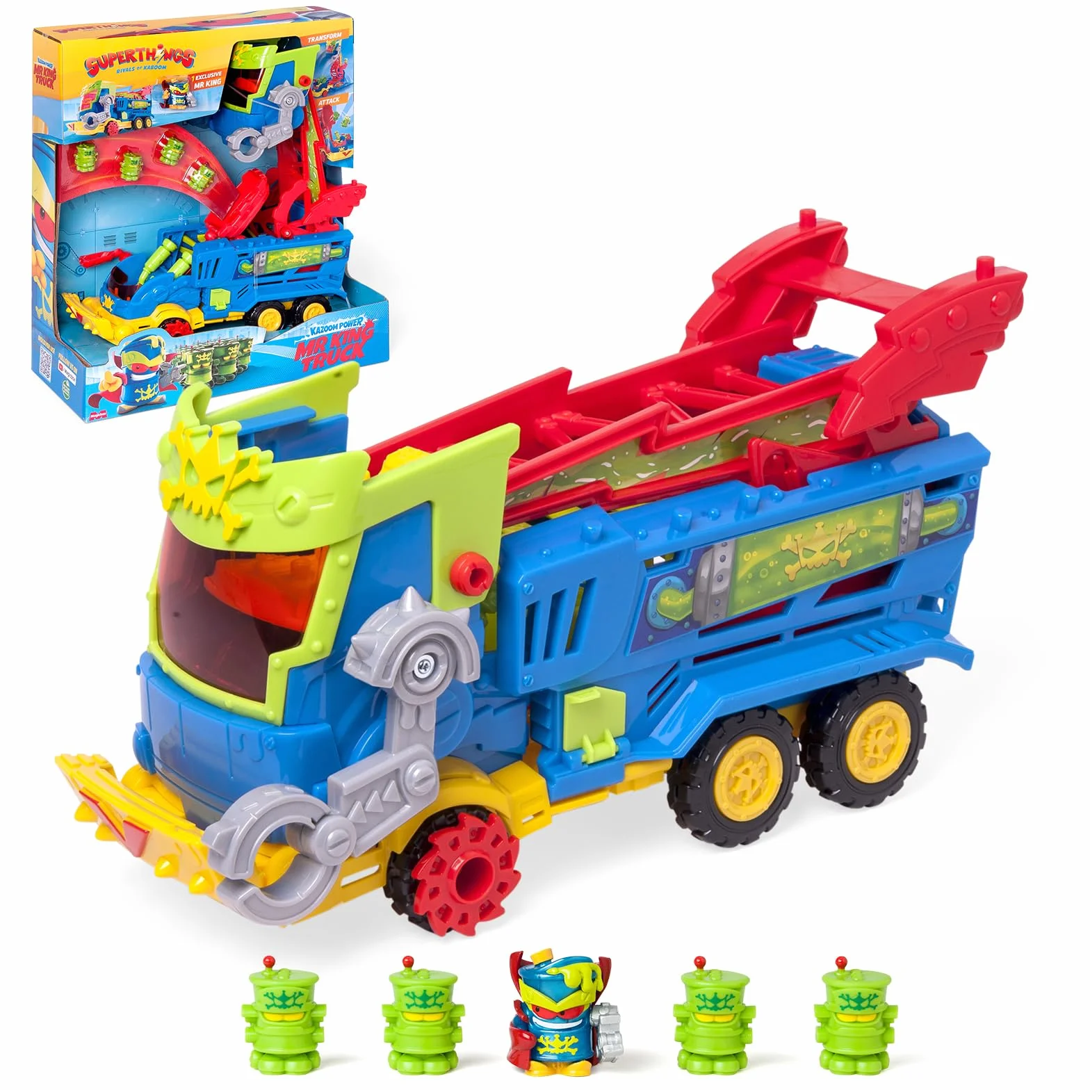 SUPERTHINGS KAZOOM Power - Mr. King Truck. Camion di Mr King della serie TV "Kazoom Power". Contiene 1 Mr King Truck, 1 Mr King Exclusive, 4 Robotoxics, 1 Trigger e 3 proiettili