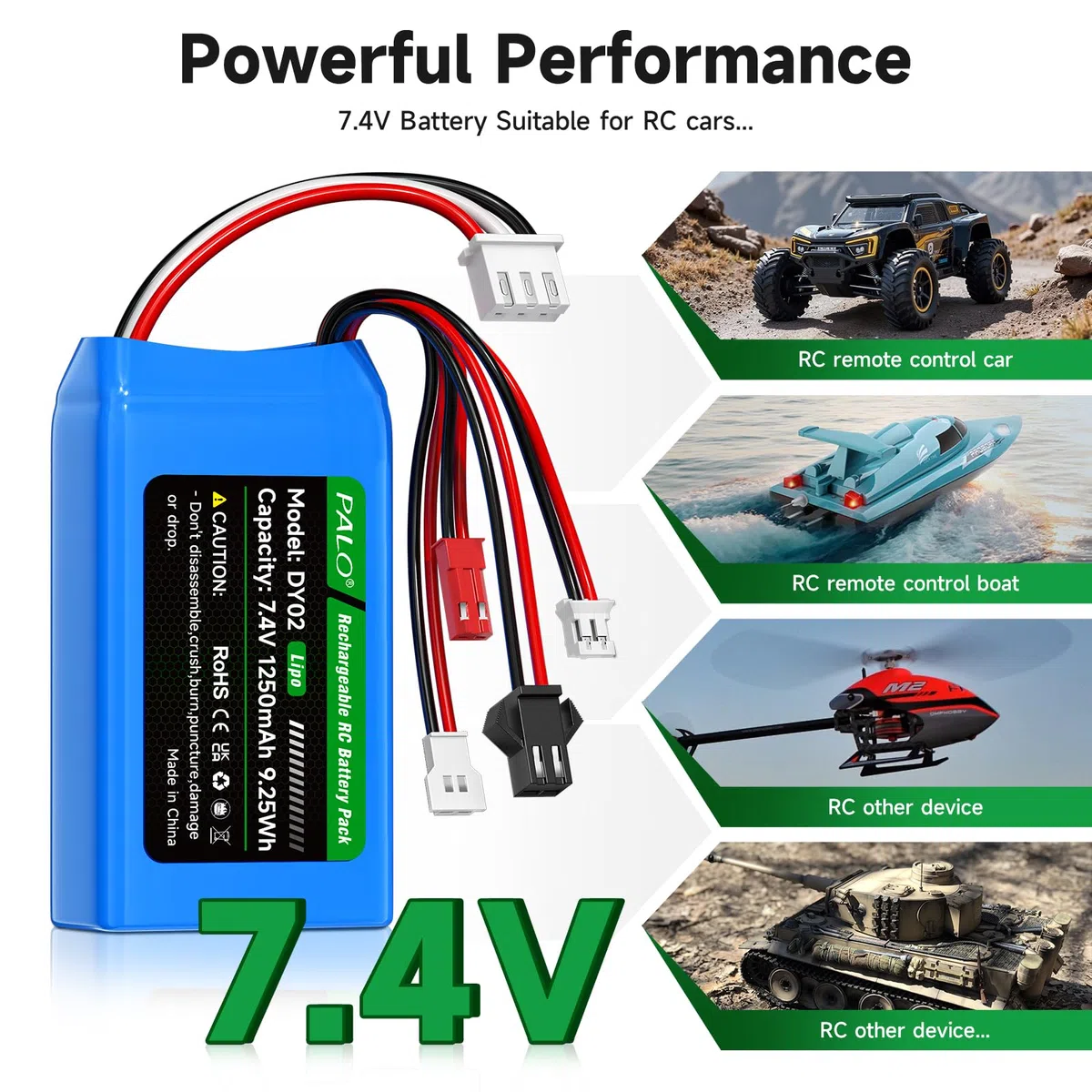Batteria 7,4 V Lipo 1250 mAh PH2.0/JST/SM-2P/MX2.0 batteria 25C, Spina bilanciata XH2.54-3P & caricatore USB, per WLtoys RC Crawler SCX24 CR18P FCX18 FCX24, per RC Auto Boat Aereo, 2 pezzi