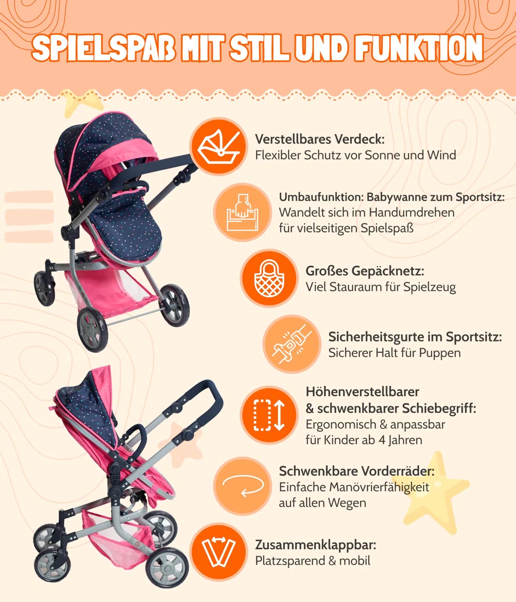 Bayer Chic 2000 - Passeggino per bambole Mika, passeggino combinato 2 in 1 per bambini dai 4 agli 8 anni, passeggino per bambole fino a 52 cm, coriandoli rosa