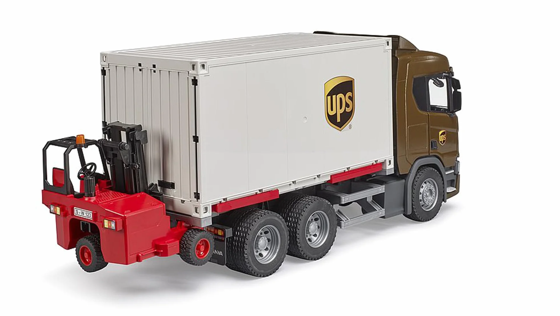 bruder 03582 - Scania Super 560R camion logistica UPS con carrello elevatore, veicoli, consegna pacchi, trasporto, carrello elevatore, trasportatore, giocattoli da 4+ anni