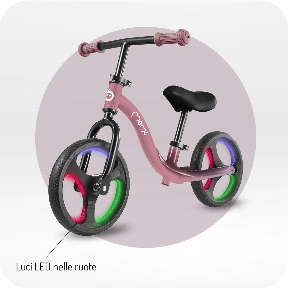 Momi Bicicletta senza pedali ISOKA per bambini 2+ anni (max 35 kg), telaio in metallo leggero 3,5 kg, regolazione altezza manubrio e sella senza attrezzi, ruote in gomma TPR con LED