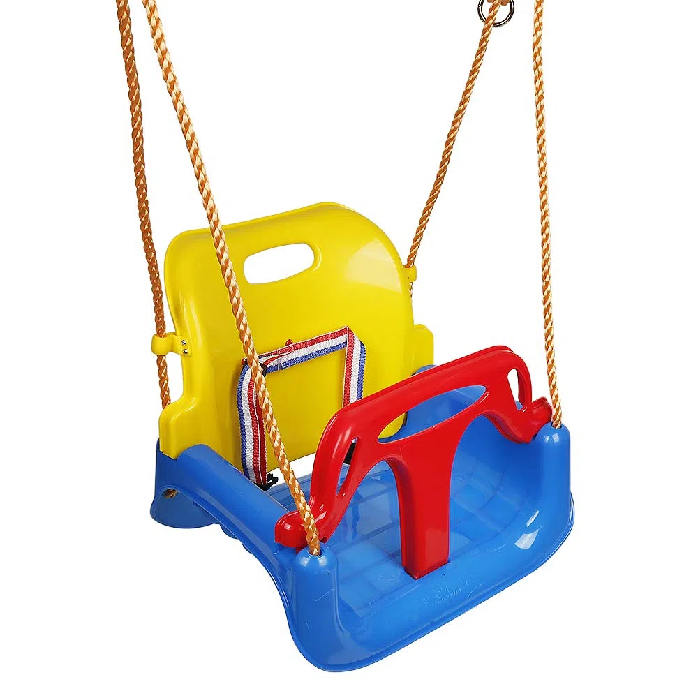 HUOLE Altalena da Giardino 3 in1 per Bambini Seggiolino Altalena Bambini Sedile in Plastica con Corrimano Schienale e Cintura di Sicurezza per Esterno Interno e Neonato (3 in 1 Blu)