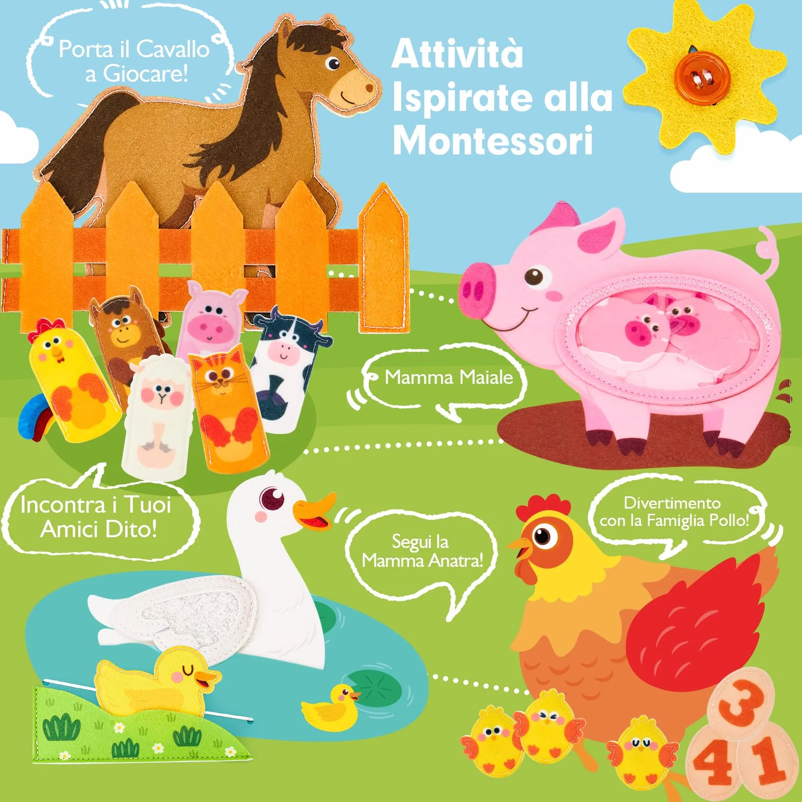 hahaland Libro Montessori Interattivo 1 Anno - Montessori Busy Board Feltro Pannello Sensoriale Bambini 1 2 3 Anni - Quiet Book Educativo Regalo Bimbo Bimba