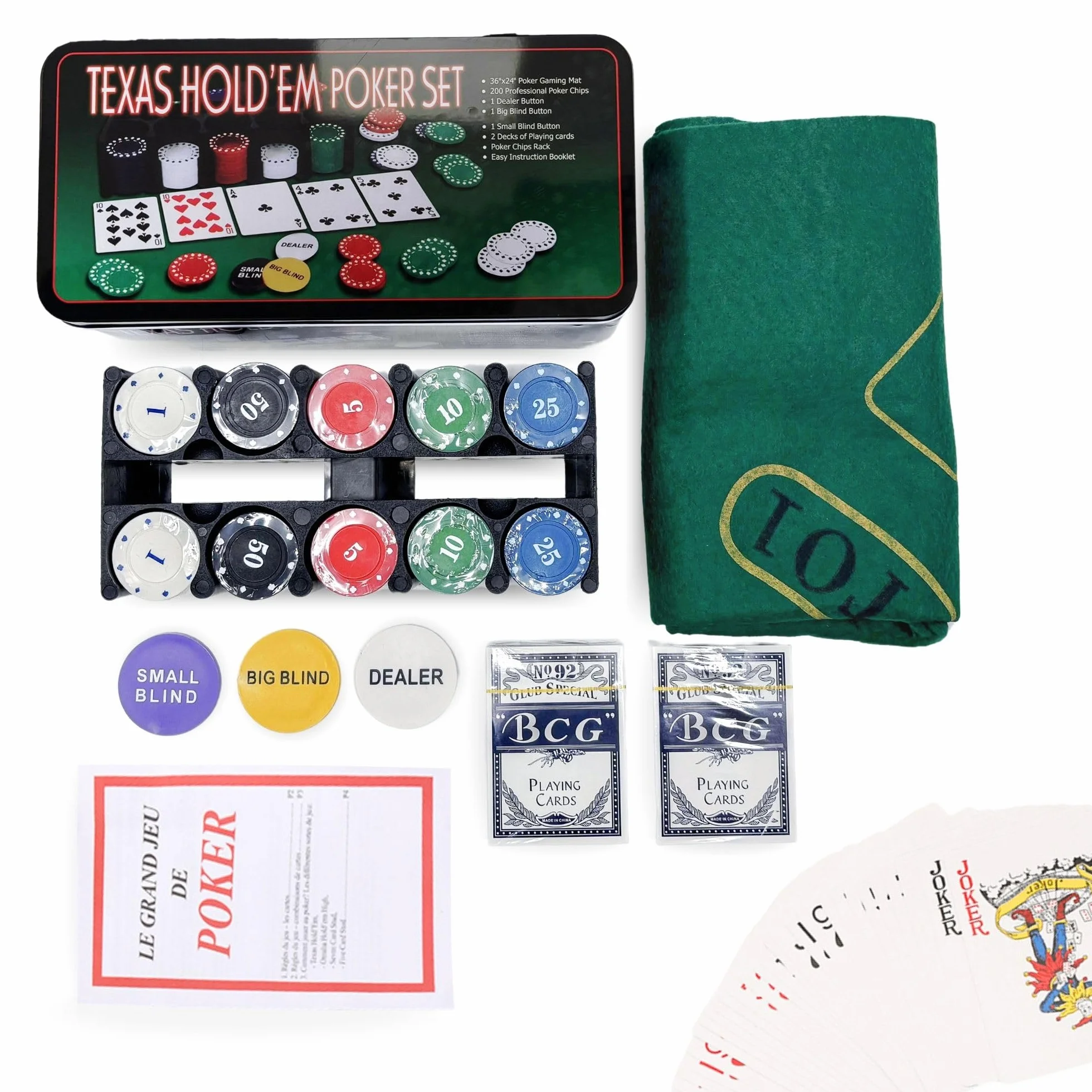 MAGIC SELECT Set da Poker Texas Hold Em 200 Fiches 2 Carte Dealer Tappetino Scatola Metallo