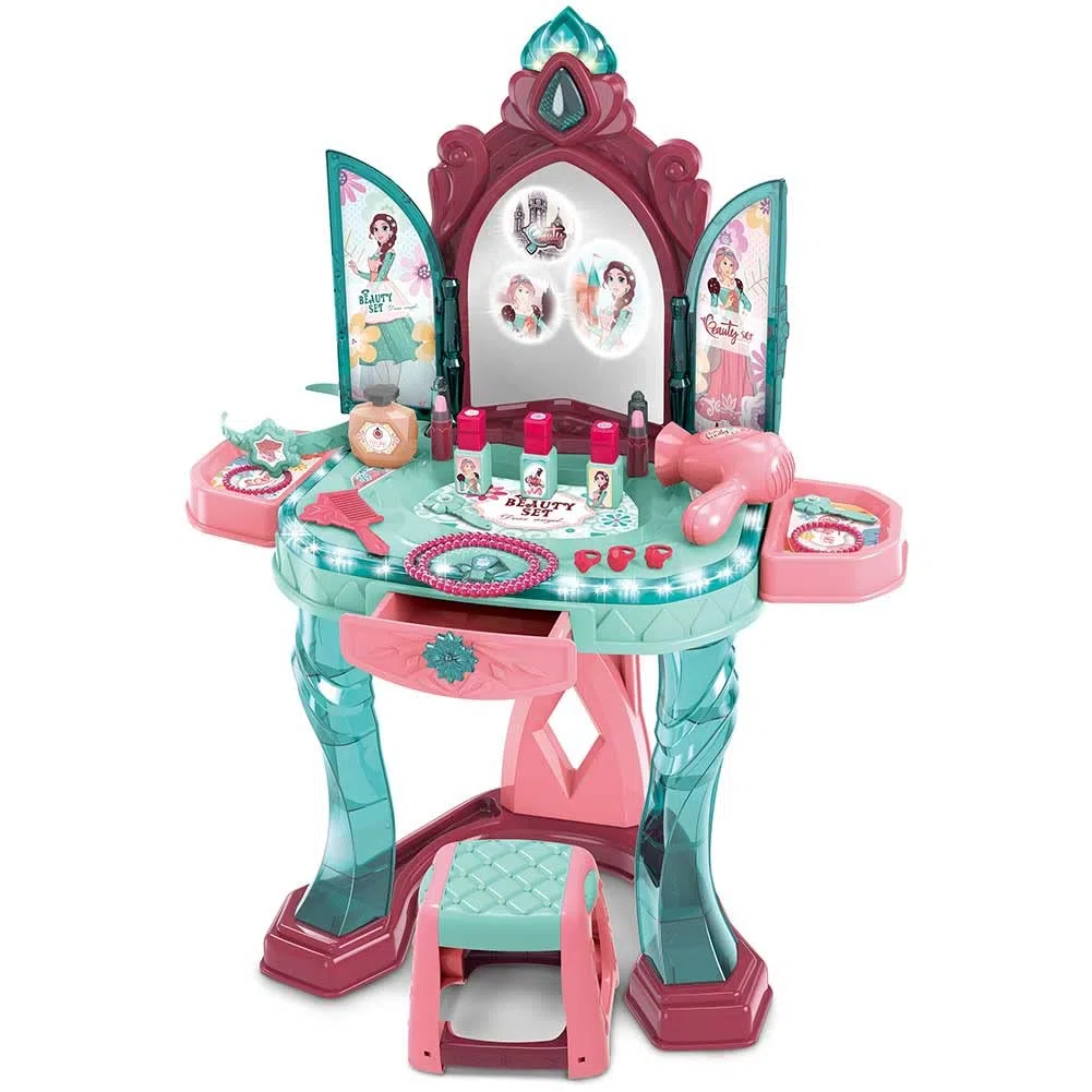 BAKAJI Specchiera Toeletta per Bambine con Sensore di Apertura Porte Set Bellezza Make Up Mobile con Sgabello e Accessori Realistici Gioco con Luci e Suoni con Cassetto Contenitore Sicuro Robusto