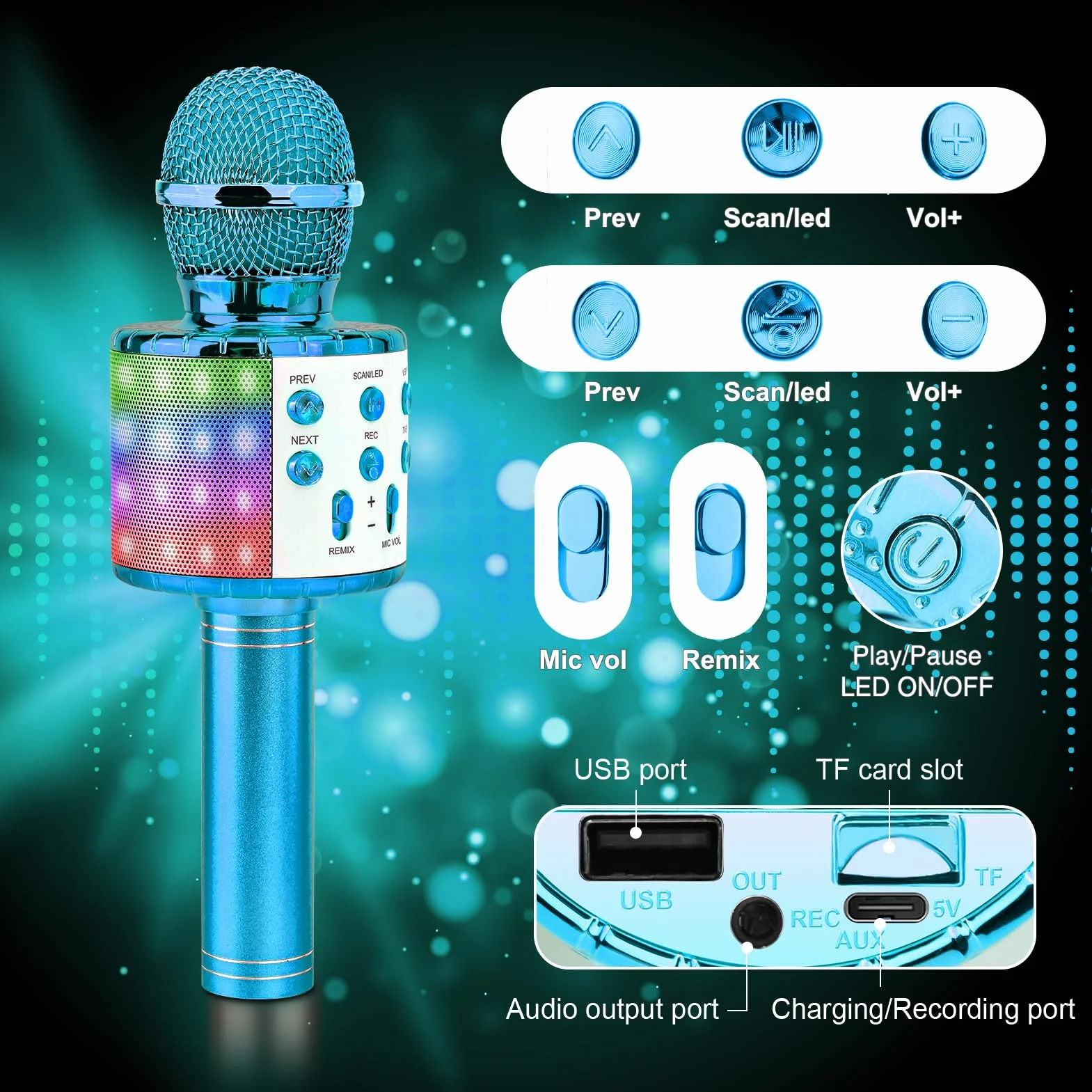 Microfono Karaoke Bluetooth Wireless 4 in 1 per Bambini, LED Portatile per Home KTV Compatibile Android iOS PC Blu