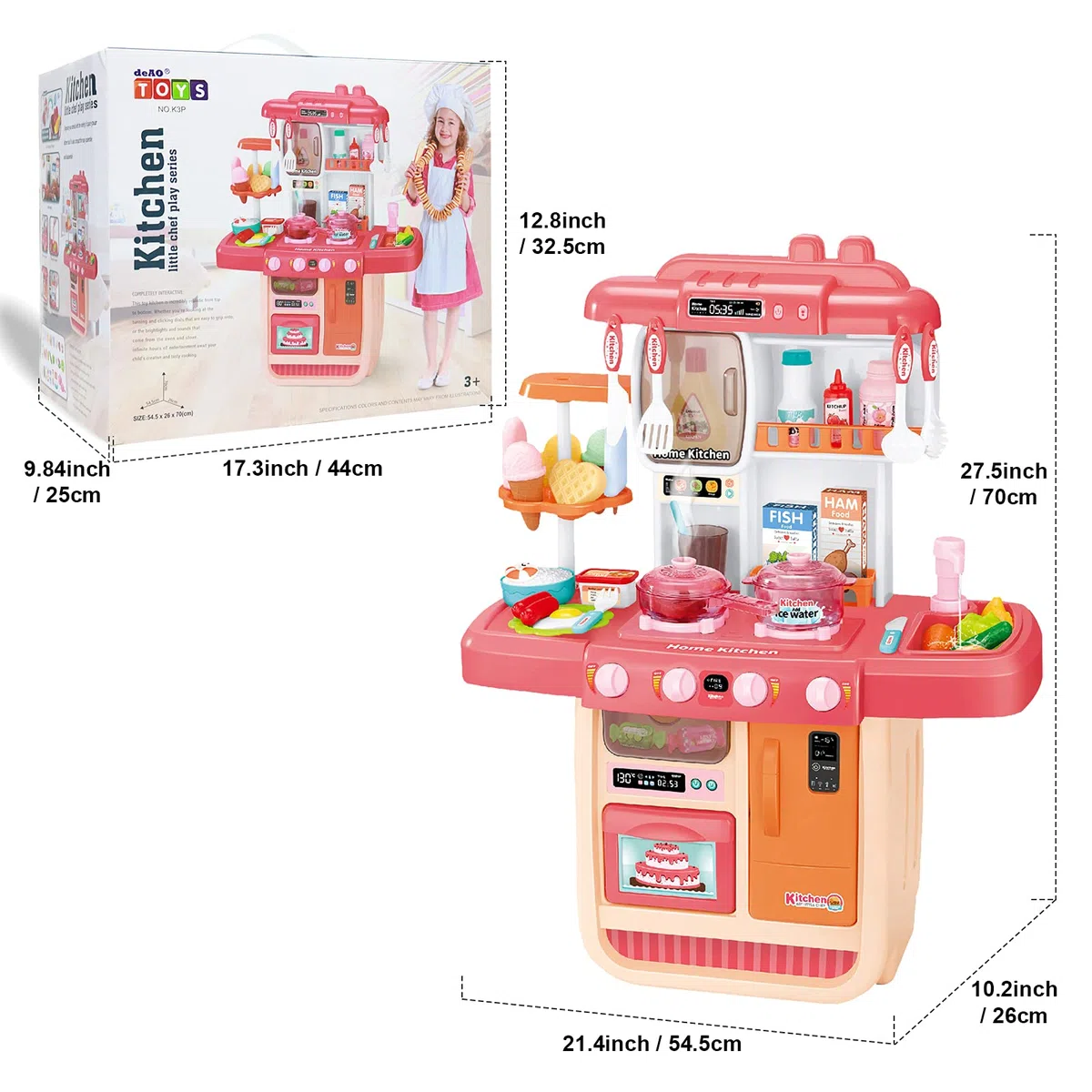deAO Set da cucina "Mon Petit Chef" con 34 accessori, piastra di cottura a induzione, acqua, luce e suono (rosa)
