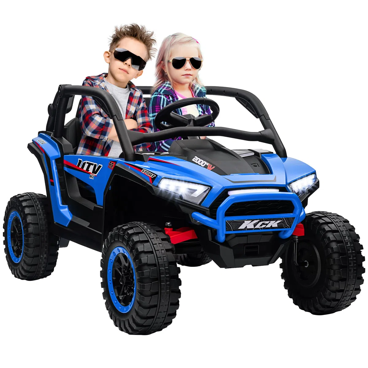 AIYAPLAY Macchina Elettrica per Bambini 2 Posti 24V 4 Motori, Auto Elettrica Bambini 3-8 Anni con 3 Velocità, Musica Integrata, Clacson, Luci, Sospensione a Molla e Telecomando, Velocità 5-7km/h, Blu