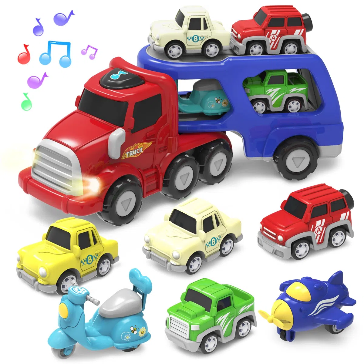 Giochi Bambini 2 Anni,7 in 1 Camion Macchinine con Suoni e Luci,Camion Giocattolo per Bambini,Regalo Bambino 2 3 4 Anni