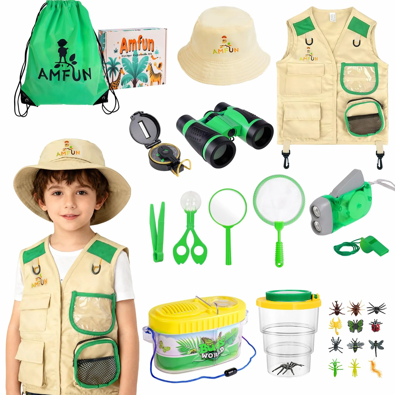 25 Pezzi Kit Esploratore da Esterno per Bambini, Binocolo Giocattolo per Bambini, Torcia, Lente d'Ingrandimento, Zaino