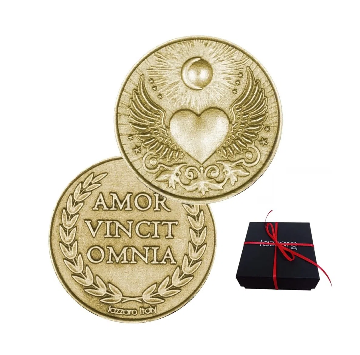 Moneta dell'amore per fortuna e protezione: "Amor vincit omnia" - Idea regalo donna, uomo, mamma, nonni – San Valentino, compleanni, ricorrenze – Metallo placcato oro – Made in Italy