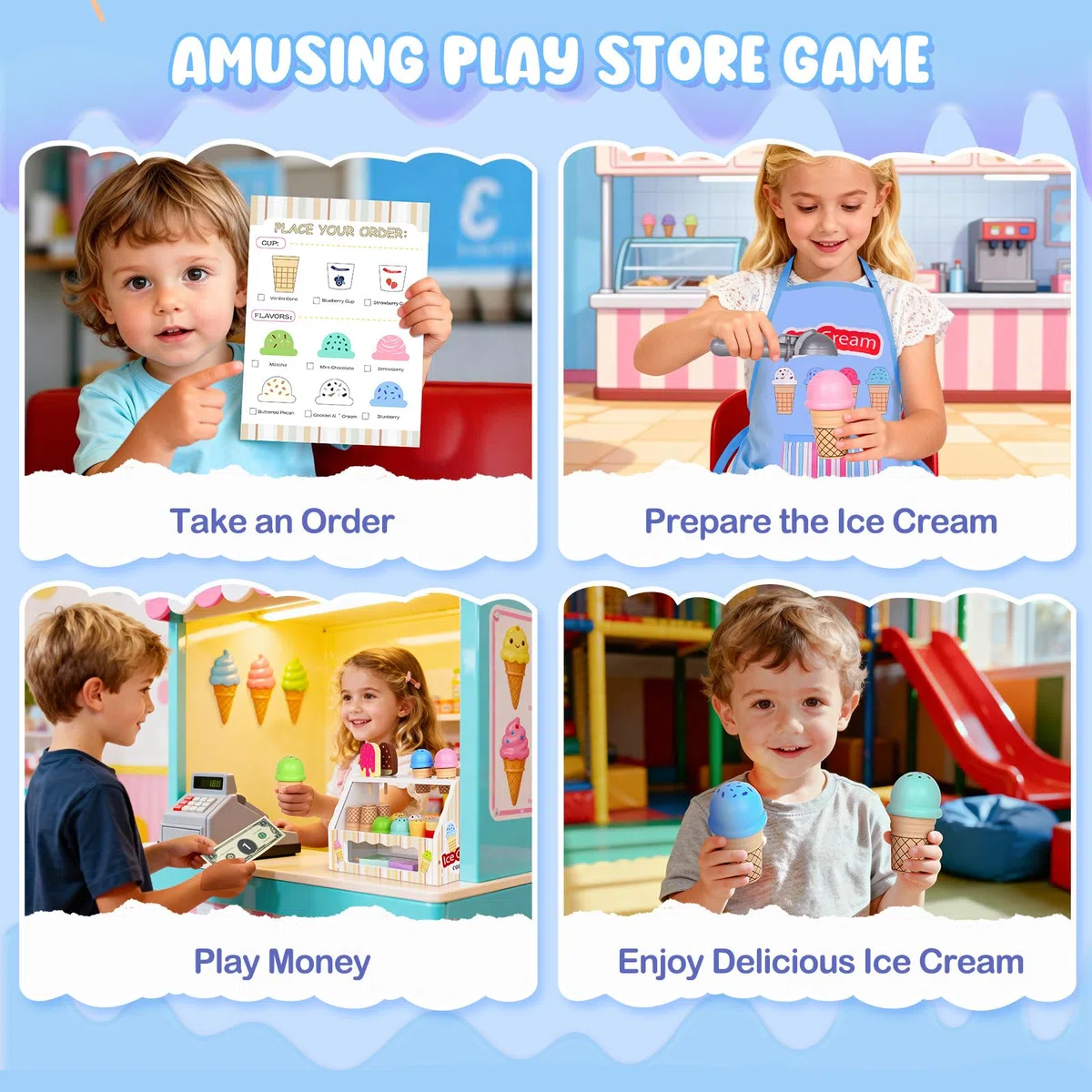 Gelateria Giocattoli in Legno per Bambini - Giochi Bambini 3 Anni, Accessori da Cucina da Gioco in Legno Montessori Gioco di Ruolo Regali di per Ragazze e Ragazzi 3 4 5 6 Anni