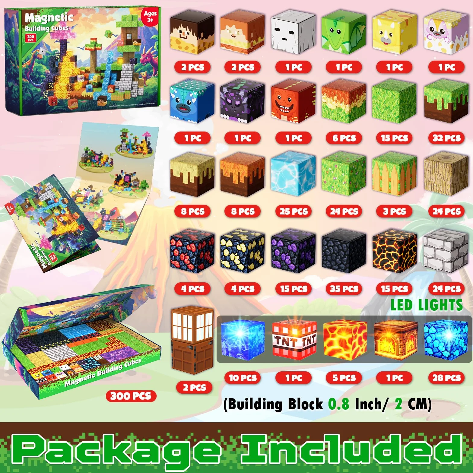 GraceDuck Costruzioni Magnetiche per Bambini 300 Pezzi Set Dinosauri e Vulcano - Blocchi Magnetici con Lava e Foresta - Magnetic Building Blocks Creativi Giocattolo Montessori 3-9 Anni - Regalo STEM