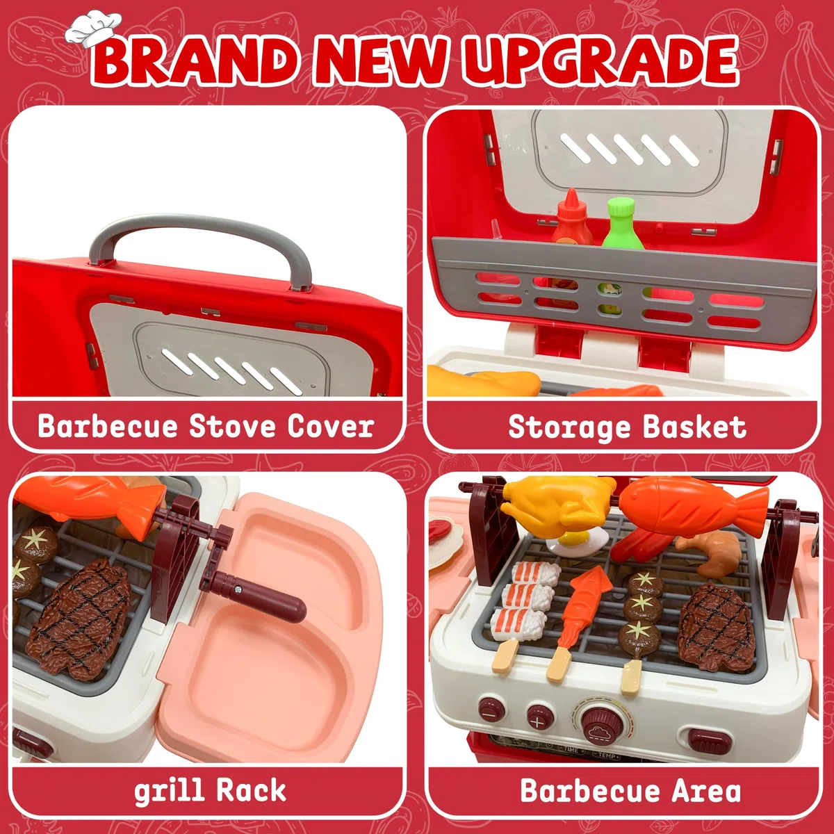 Set di giocattoli per barbecue per bambini con rumori di fumo e luce, accessori da cucina, barbecue interattivo, per bambini dai 3 agli 8 anni (RED)