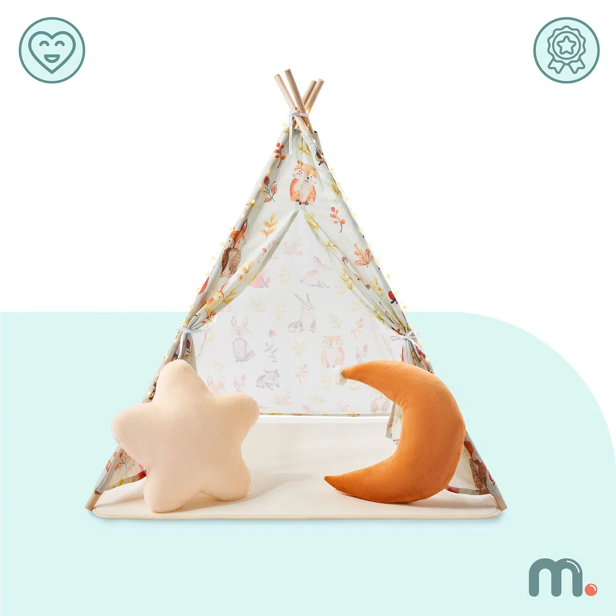 Mamabrum Tenda per bambini interna beige foresta con tappeto imbottito, cuscini decorativi e ghirlanda LED, capanna da gioco camera da letto da 3 anni
