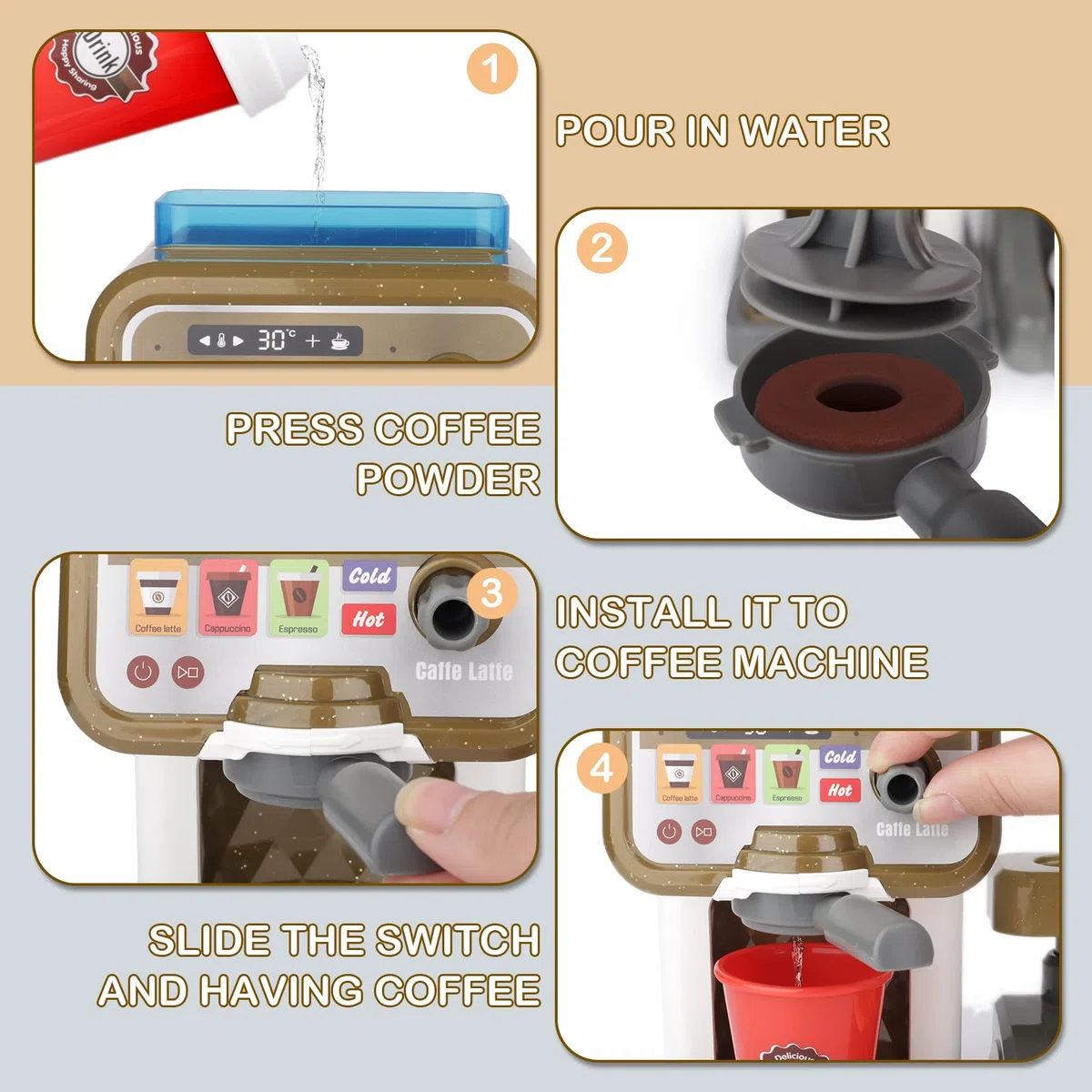 deAO Negozio di Giochi di Ruolo Set da Gioco Caffetteria per Bambini Set da Gioco Macchina del Caffè Negozio di Pizze con Registratore di Cassa 30 pezzi Giocattolo STEM per Bambini Ottimo Regalo