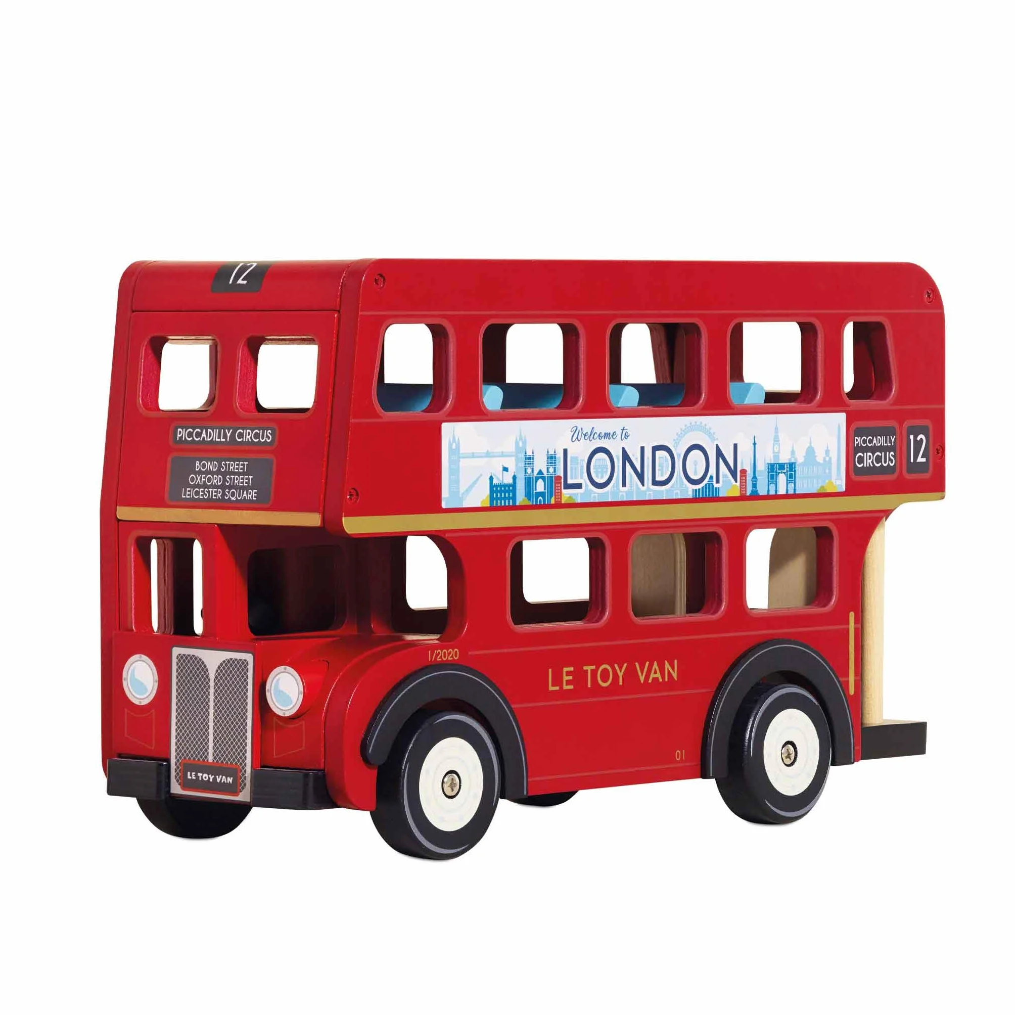 Le Toy Van - TV469 - London Bus giocattolo educativo per bambini, 3 anni, autobus a 2 piani in stile londinese con tetto apribile e dettagli realistici, 32 x 13 x 20 cm, in legno certificato FSC