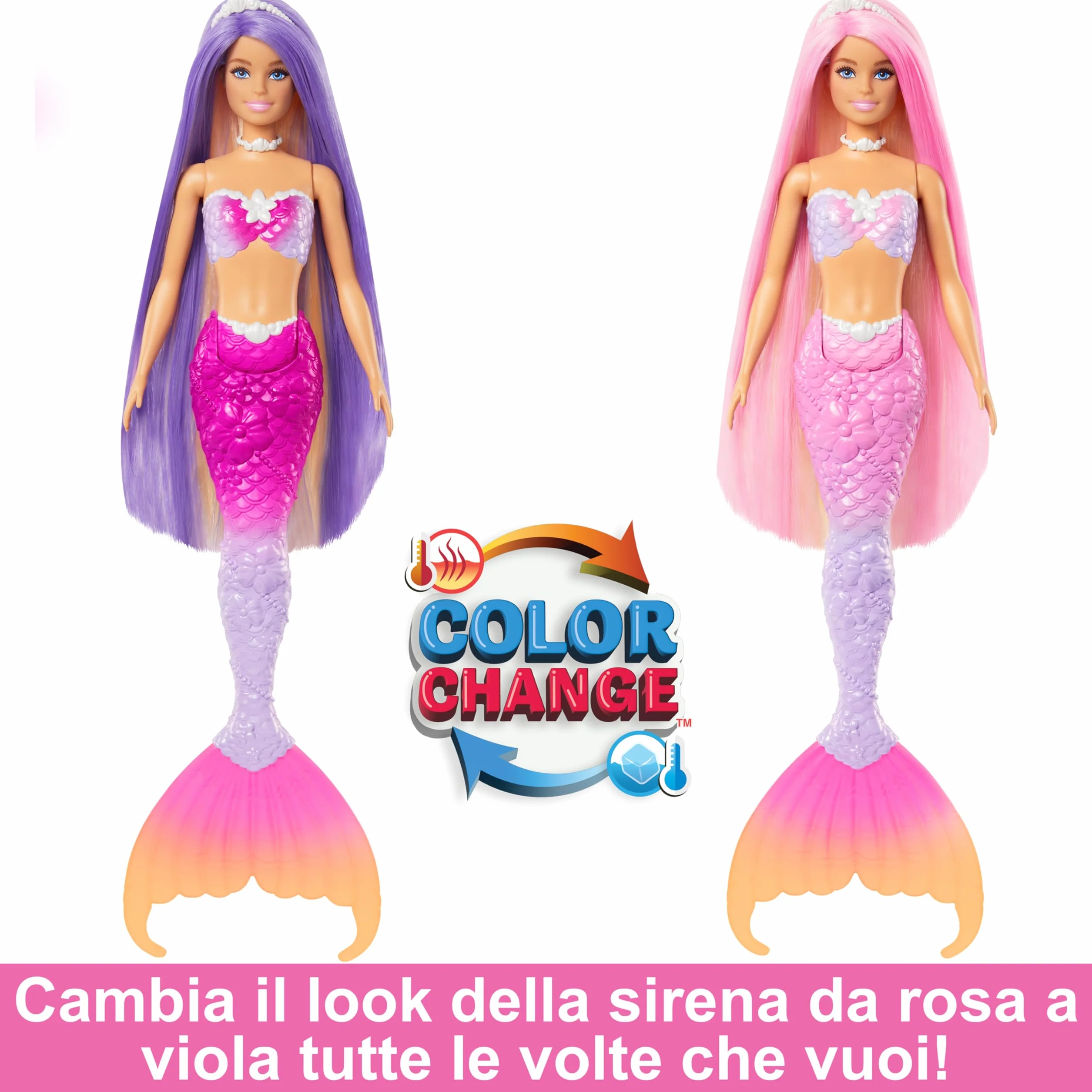 Barbie - Malibu Sirena, bambola con capelli rosa e accesory per lo styiling, funzione cambia colore in acqua, cucciolo di delfino incluso, giocattolo per bambini, 3+ anni, HRP97