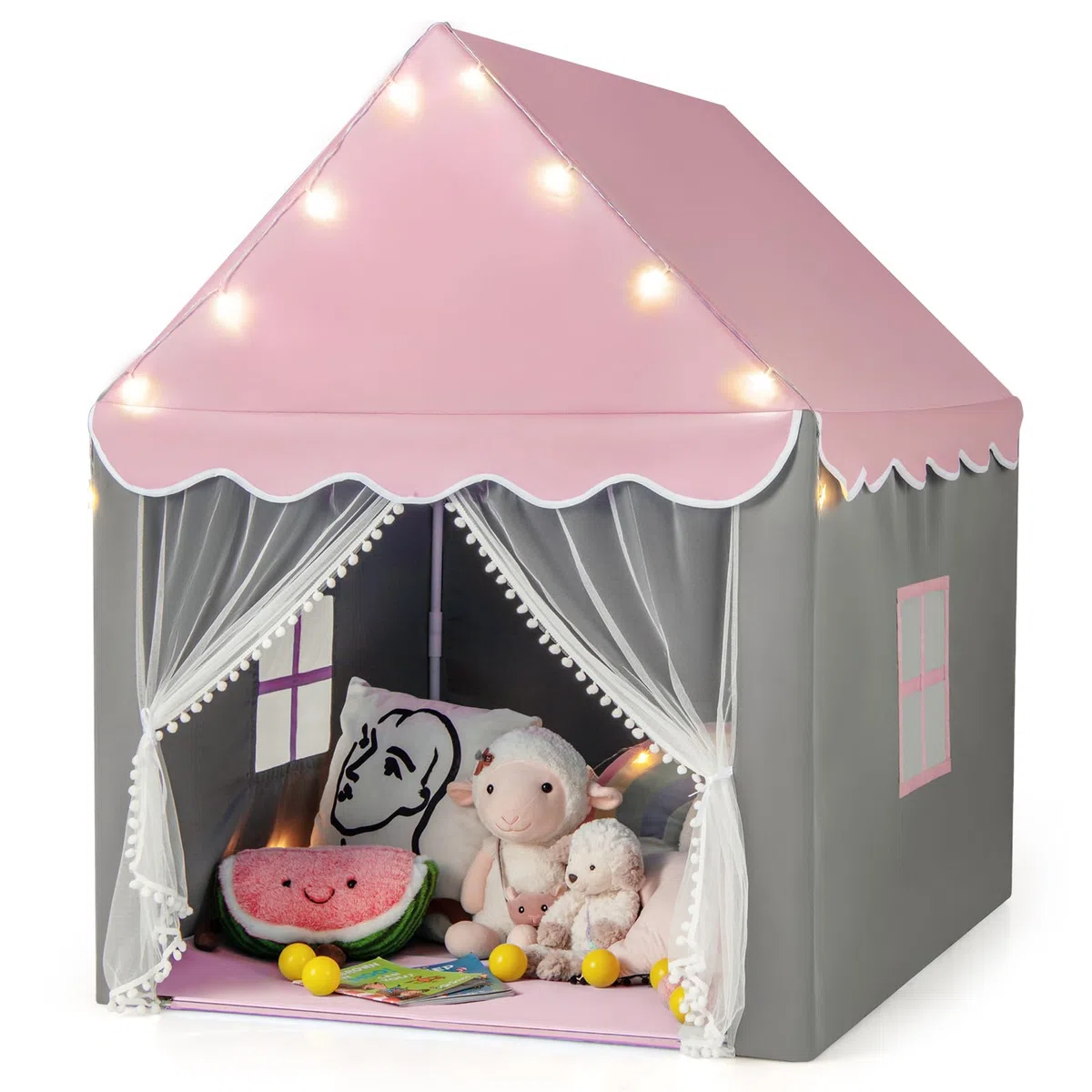 COSTWAY Tenda da Gioco per Bambini, Tenda Castello con Tappetino Lavabile, Luci a Forma di Stella, per Interno ed Esterno, 105 x 121 x 136 cm (Stile 2 Rosa)