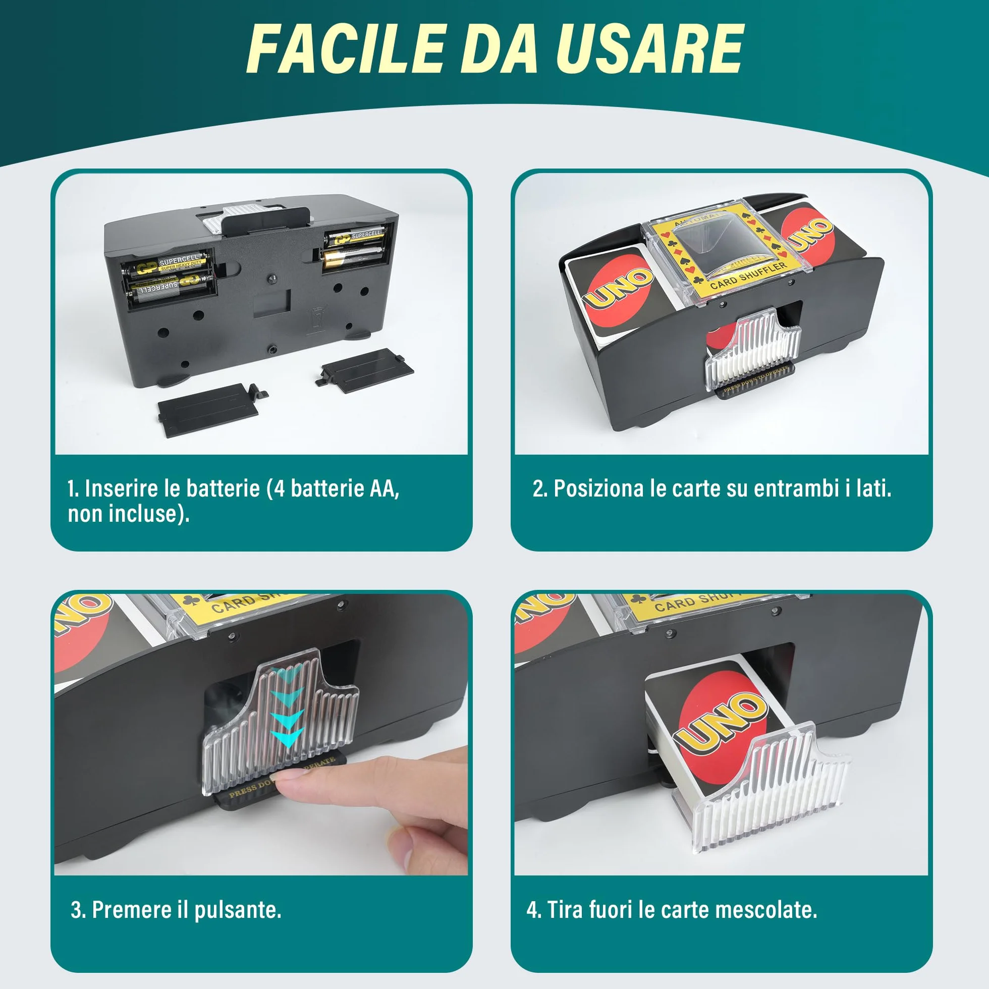 Mischia Carte Automatico, Mescolatore Cartes da Gioco Elettrico per 1-2 Mazzi, Mescola Cartes Elettrico, Distributore Carte da Gioco per UNO, Poker, Blackjack - Funzionamento a Batteria