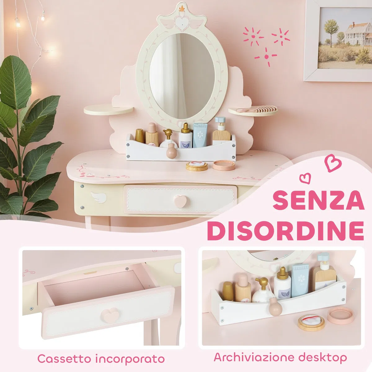 AIYAPLAY Set Toeletta con Specchio e Sgabello in Legno per Bambini, Tavolo da Trucco 2 in 1 Convertibile in Scrivania, 7 Accessori Inclusi, Rosa