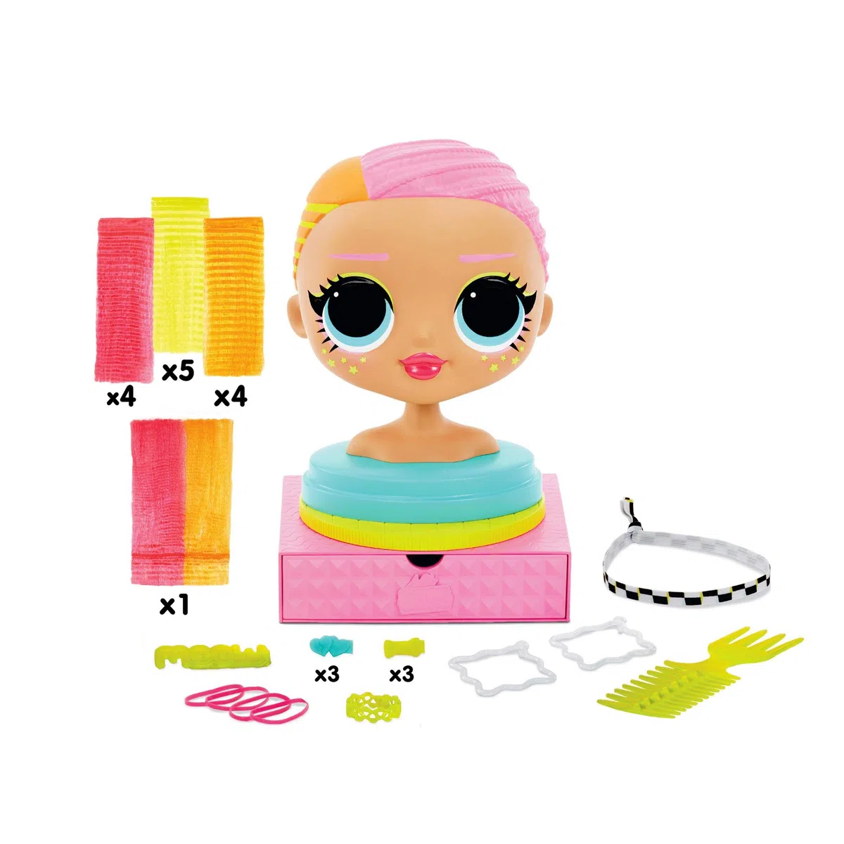 LOL Surprise OMG Testa da Acconciare con Capelli Adesivi per Stili Infiniti, 30 Sorprese e Accessori, Neonlicious