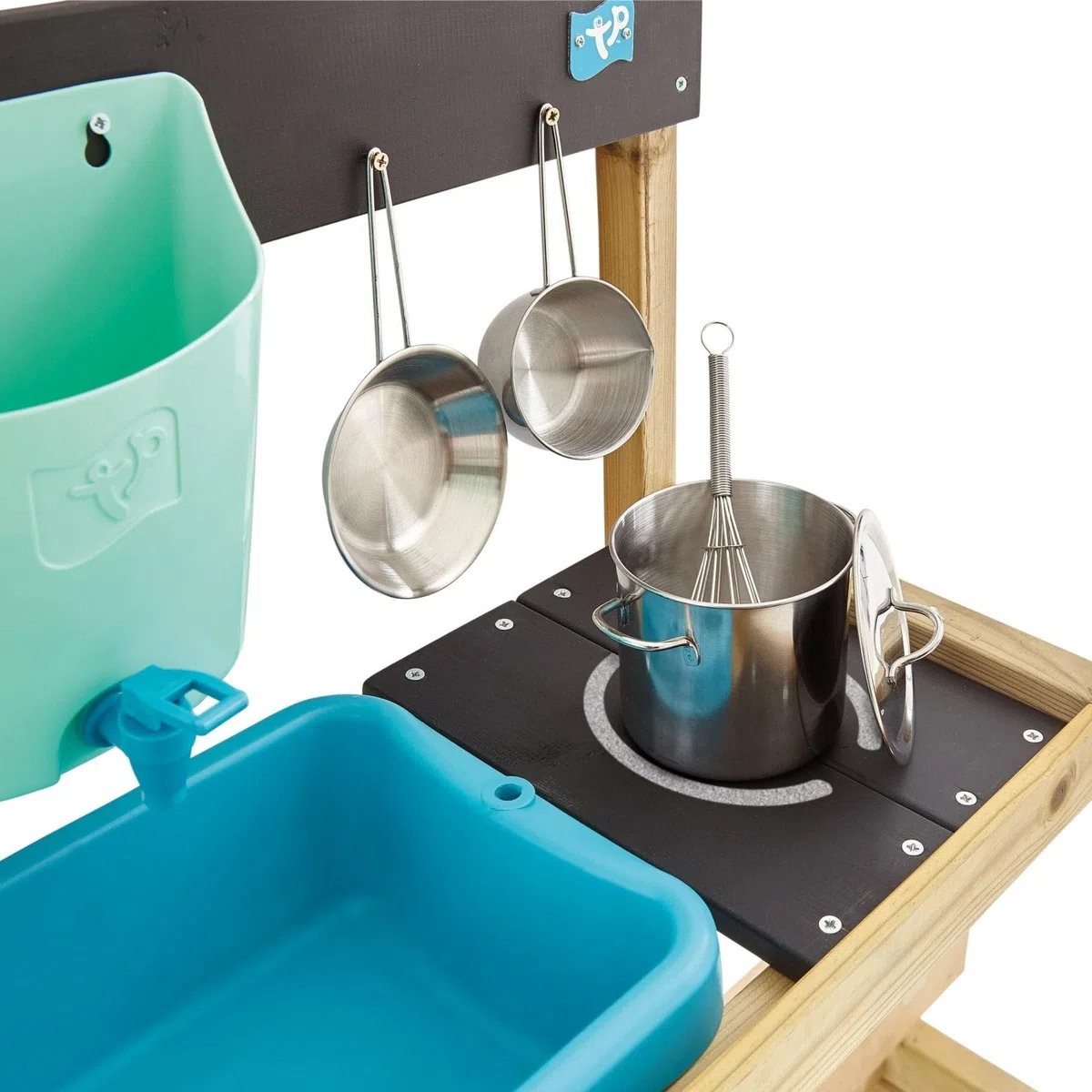 TP Toys, Early Fun Mud Kitchen Playhouse Accessorio da Cucina con bullone per Una casetta dei Giochi, Include Serbatoio d'Acqua, Vasca, padelle, Frusta, Gioco disordinato, 31 x 55 x 56 cm