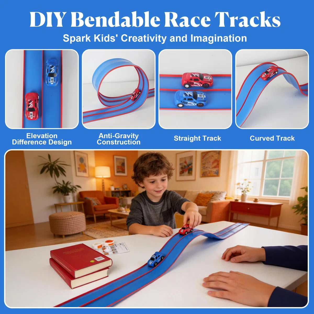 Set di piste da corsa flessibili da 4,5 metri per bambini, pista flessibile per bambini, Hot Wheels, pista da corsa portatile Hot Wheels con doppia rampa, adatta ai bambini