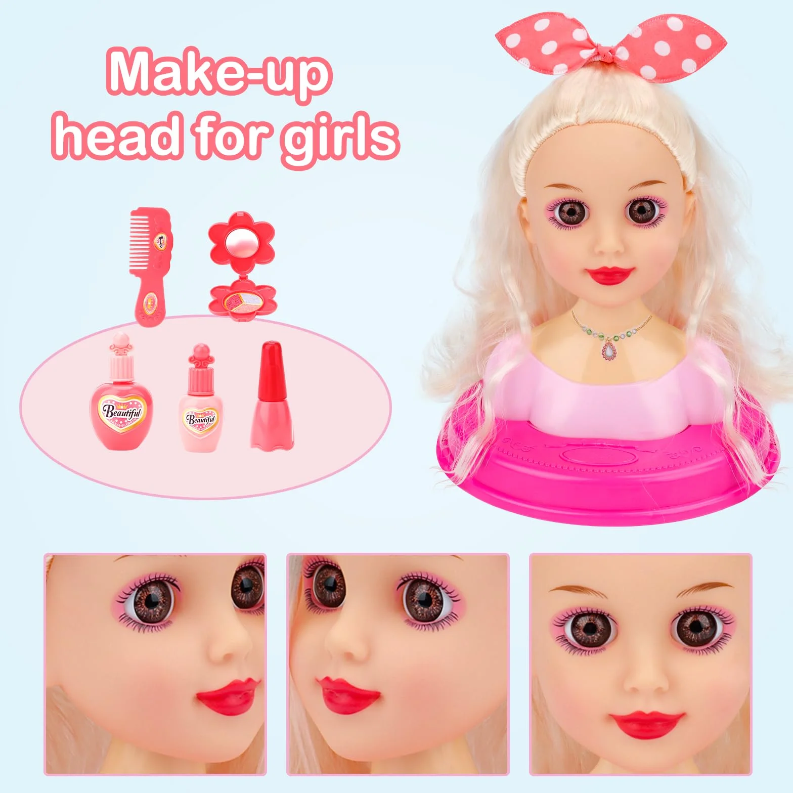 deAO Bambola testa parrucchiere per bambini, testa di bambola styling con asciugacapelli, testa di parrucchiere per bambole da principessa, accessori per capelli e trucchi, giocattolo per ragazze per