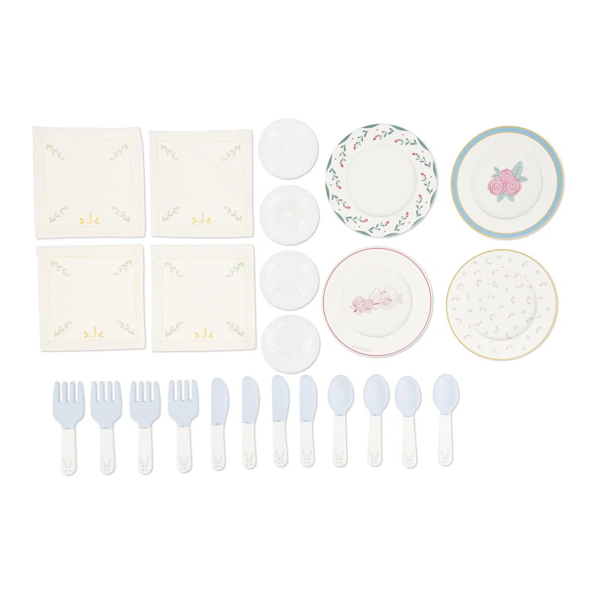 Janod Set da Tavolo in Legno, Kit da Picnic per Bambini, per 4 Persone, 25 Pezzi, Set in Cartone, Accessori da Cucina Ideali per Bambini, Sviluppa l'immaginazione, da 3 Anni, J06637
