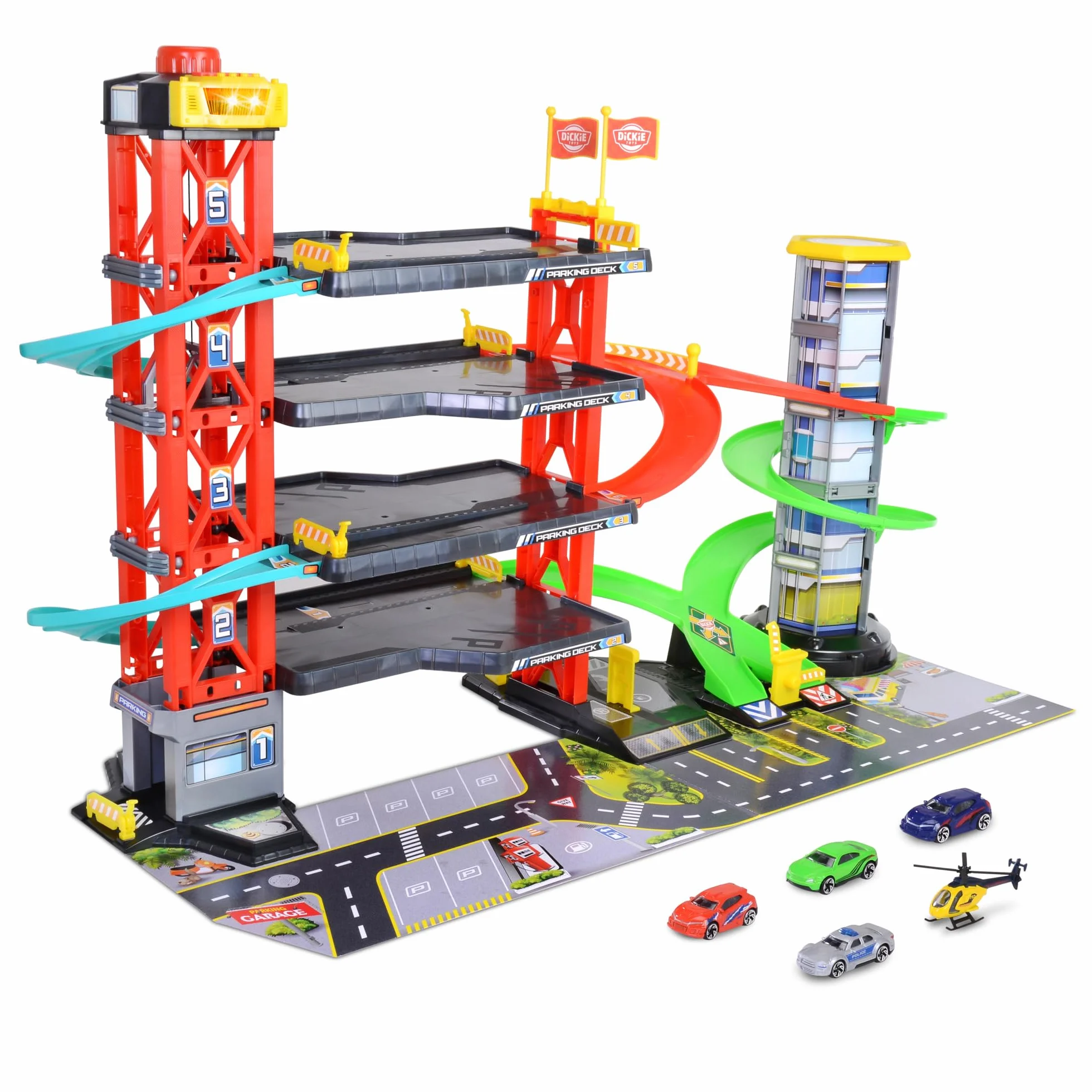 Dickie Toys - Parcheggio a 4 piani per bambini dai 3 anni (87 x 52 cm) con accessori - ampio parcheggio giocattolo su 5 livelli con ascensore, pista, auto giocattolo, elicottero, luce e suono