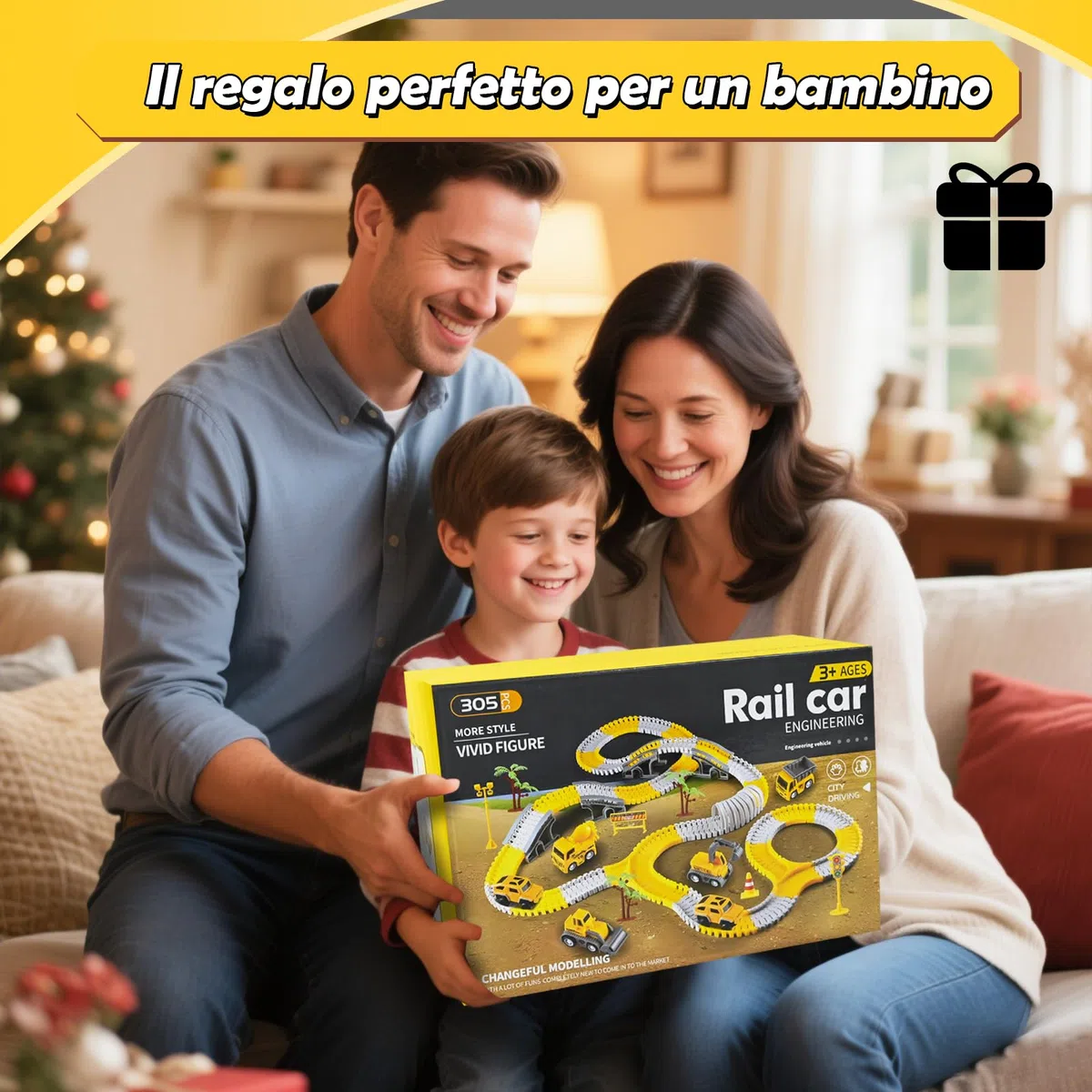 PATEMZON 305 Pezzi Set di Giocattoli Veicoli da Costruzione, Pista Macchinine Giocattolo per Bambini, Set da Pista Auto Flessibile con 6 Auto, Macchinina Giocattoli Natale Regalo Bambini 3+ Anni