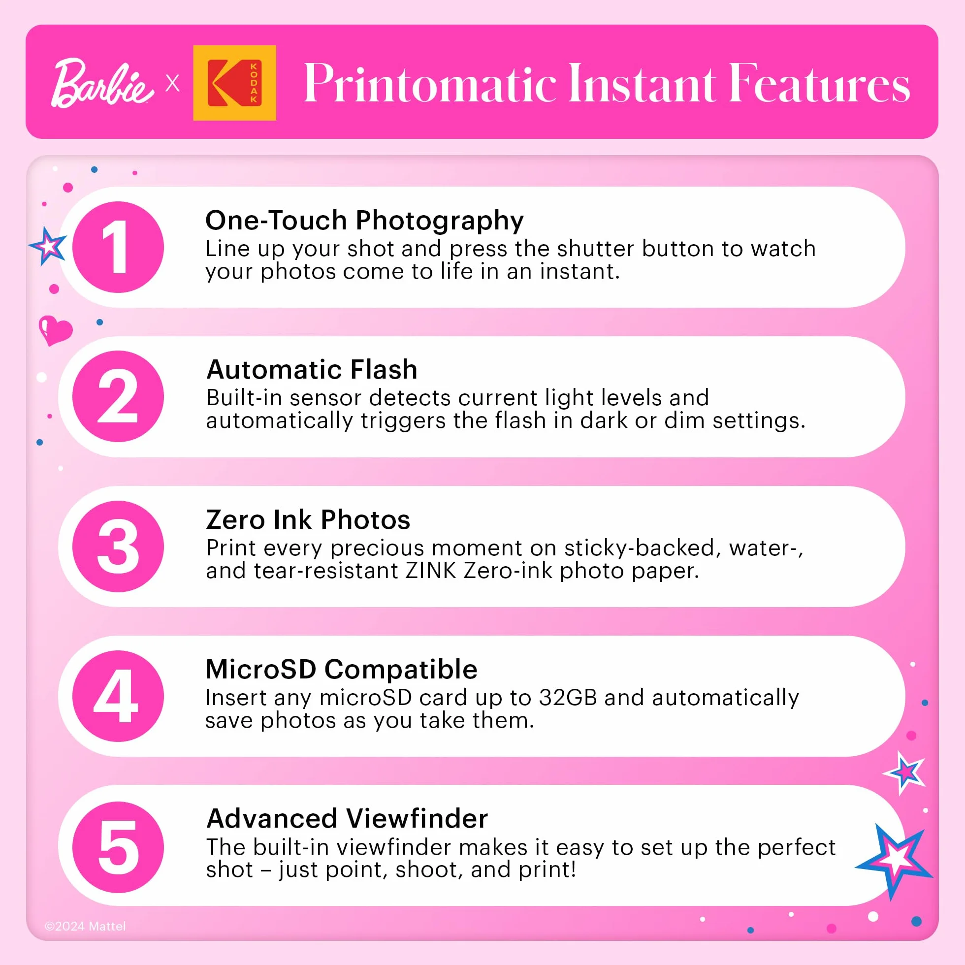 KODAK x Barbie Printomatic Fotocamera Digitale Istantanea a Colori Fotocamera Portatile Barbie da 5 MP, Carta Fotografica Adesiva Zink 2x3" (5,1x7,5 cm), Stile Iconico.