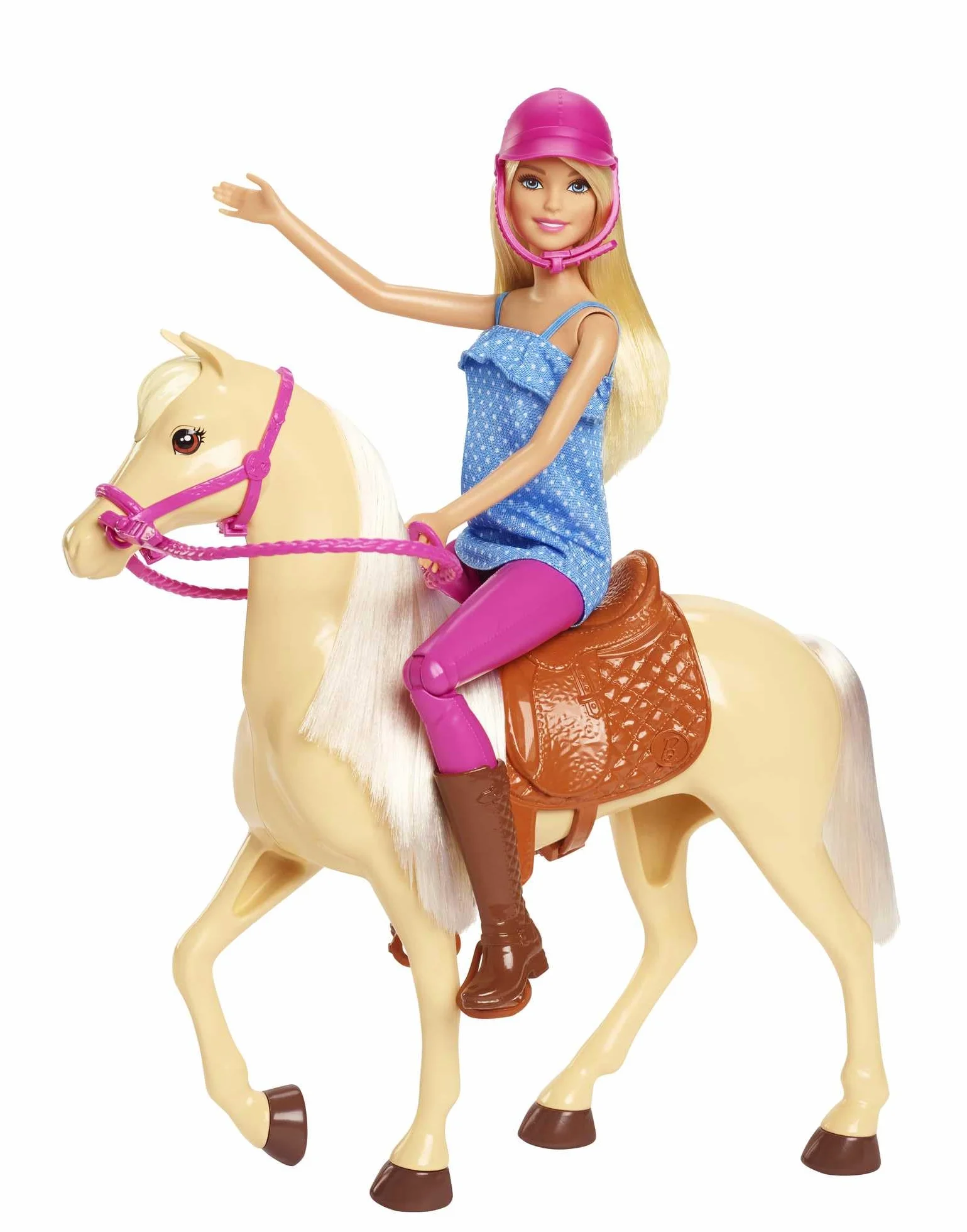 Barbie - Playset Bambola e Cavallo, include una Barbie snodata bionda con il caschetto e il suo cavallo marrone con sella e briglie rimovibili, giocattolo per bambini, 3+ anni, FXH13