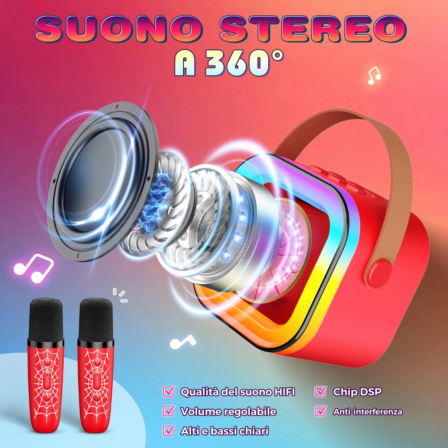 Braxel Set Microfono Karaoke per Bambini con 2 Microfoni Bluetooth Luci e Suoni Giocattolo Musicale 3+ Anni
