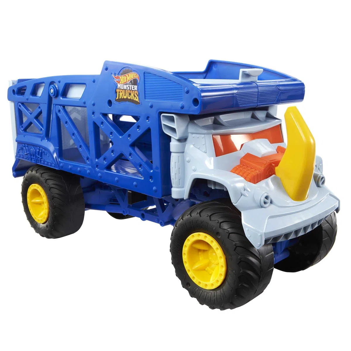 Hot Wheels - Monster Trucks Rino-Trasportatore di auto giocattolo, può contenere 12 Monster Trucks in scala 1:64, con rampa di lancio, Giocattolo per Bambini 3+ Anni, HFB13