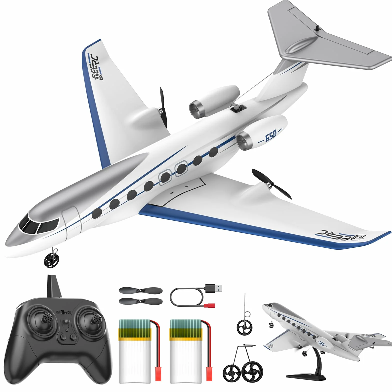 DEERC Aereo Telecomandato Jet Privato, Aereo Giocattolo Telecomandato a 3 Canali, Stabilizzatore Giroscopico a 6 Assi da 2,4 GHz, RTF, Facile da Pilotare per Principianti, Bambini e Adulti