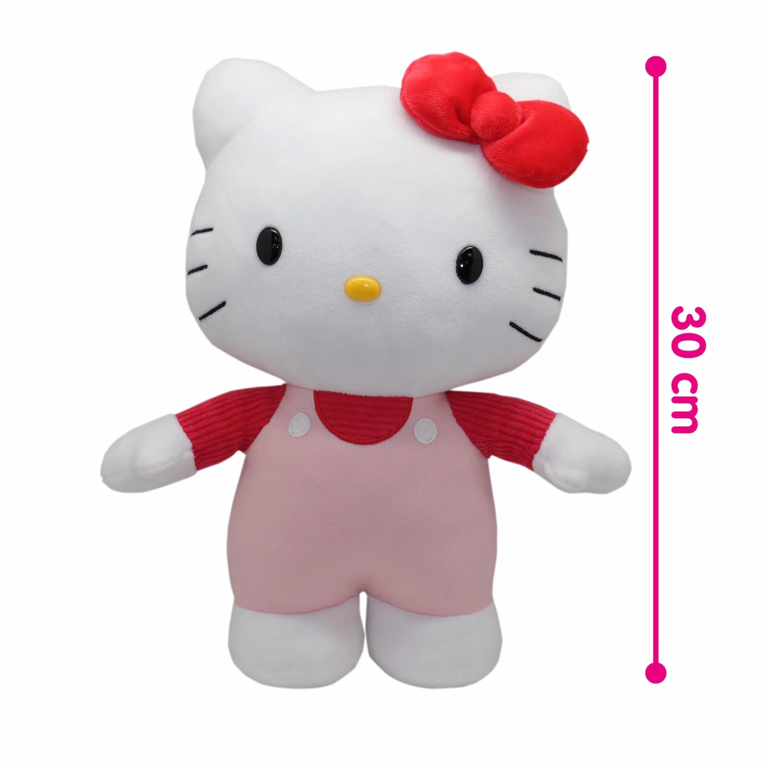 Hello Kitty Giochi Preziosi Morbido Peluche Hello Kitty 30 cm con Outfit alla Moda, Gonna in Jeans, Fiocco Rosa e Maglia A Righe Rosa Adatto per Bambini dai 3 Anni