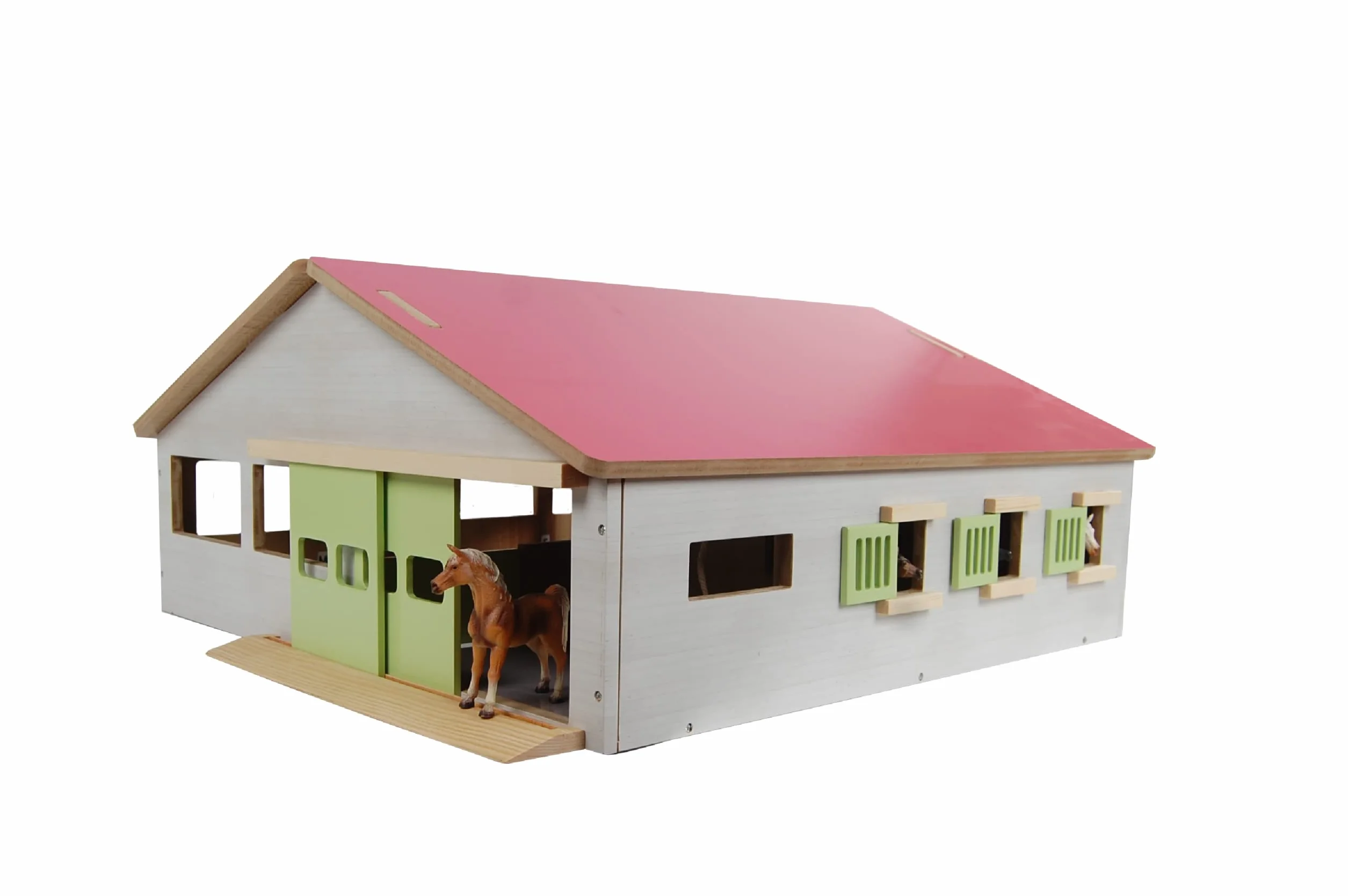 Kids Globe Stalla per cavalli (con 3 scatole e cavallo, lunghezza: 62 cm, larghezza: 56 cm, altezza: 26 cm, tetto rimovibile su entrambi i lati, materiale: legno) 610271