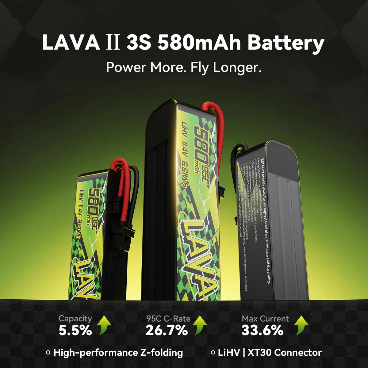 BETAFPV 2pcs LAVA II 3S 580mAh Battery 11.4V 95C LiHV Lipo with XT30 Connector JST-XH2.54 Charge Plug Compatible for Brushless Whoop Drone Quadcopter like Pavo20 Pro II Brushless Whoop Quadcopter
