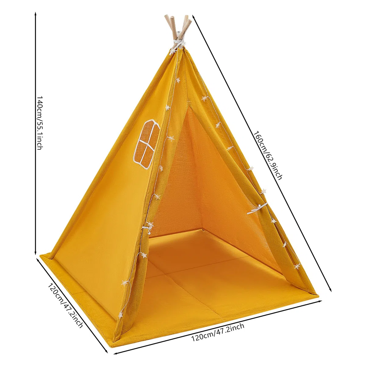 Tipi Tenda per bambini, 120 x 120 x 140 cm, Tippi, tenda da gioco pieghevole, per bambini, per interni ed esterni, per cameretta dei bambini, con catena luminosa opaca (giallo)