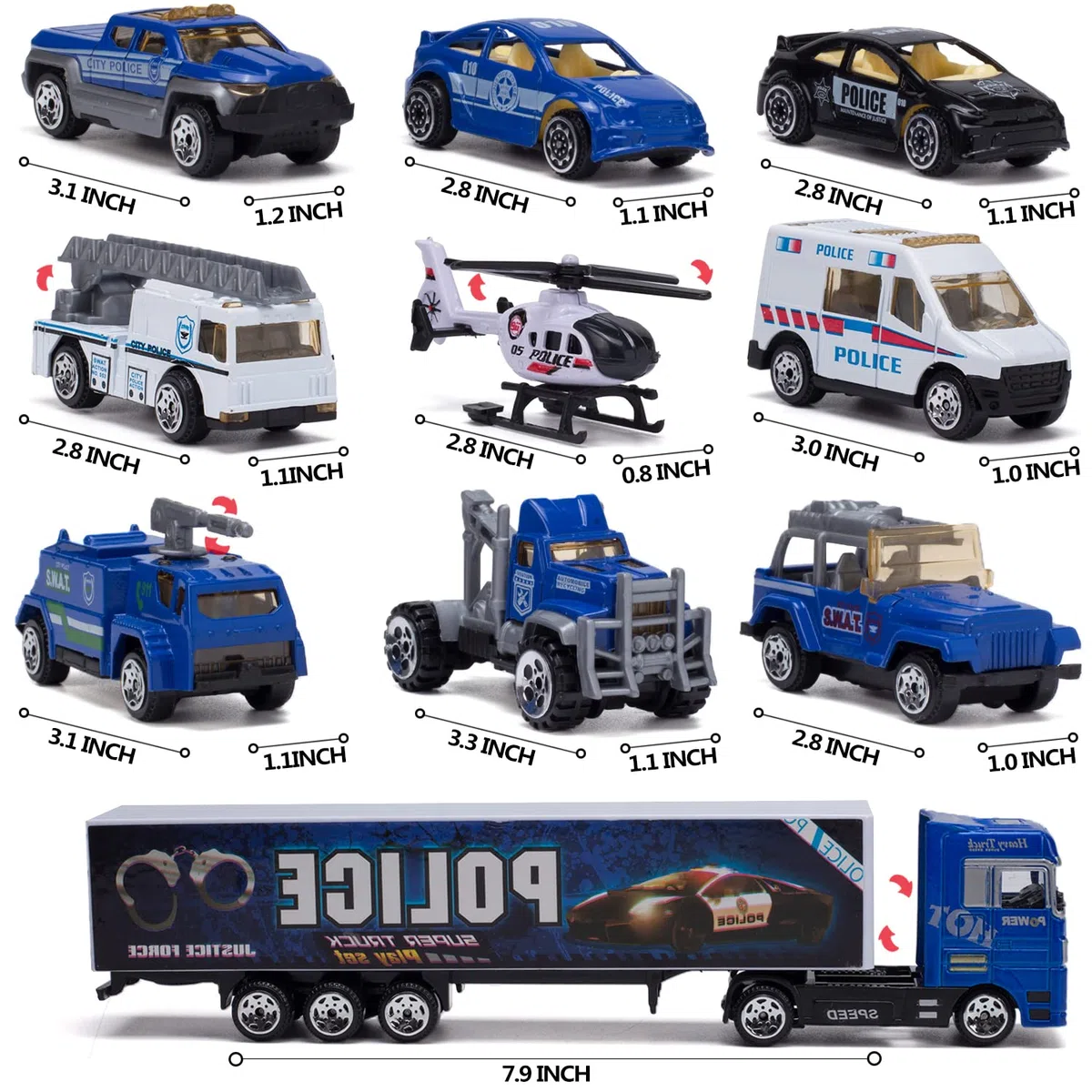 Camion Giocattoli Trasportatore di Polizia 10 in 1 con Maniglia, Set di Mini Veicoli in Plastica Pressofusa, Istruzione Prescolare per Bambini Regalo per Festa di Compleanno Party Natale